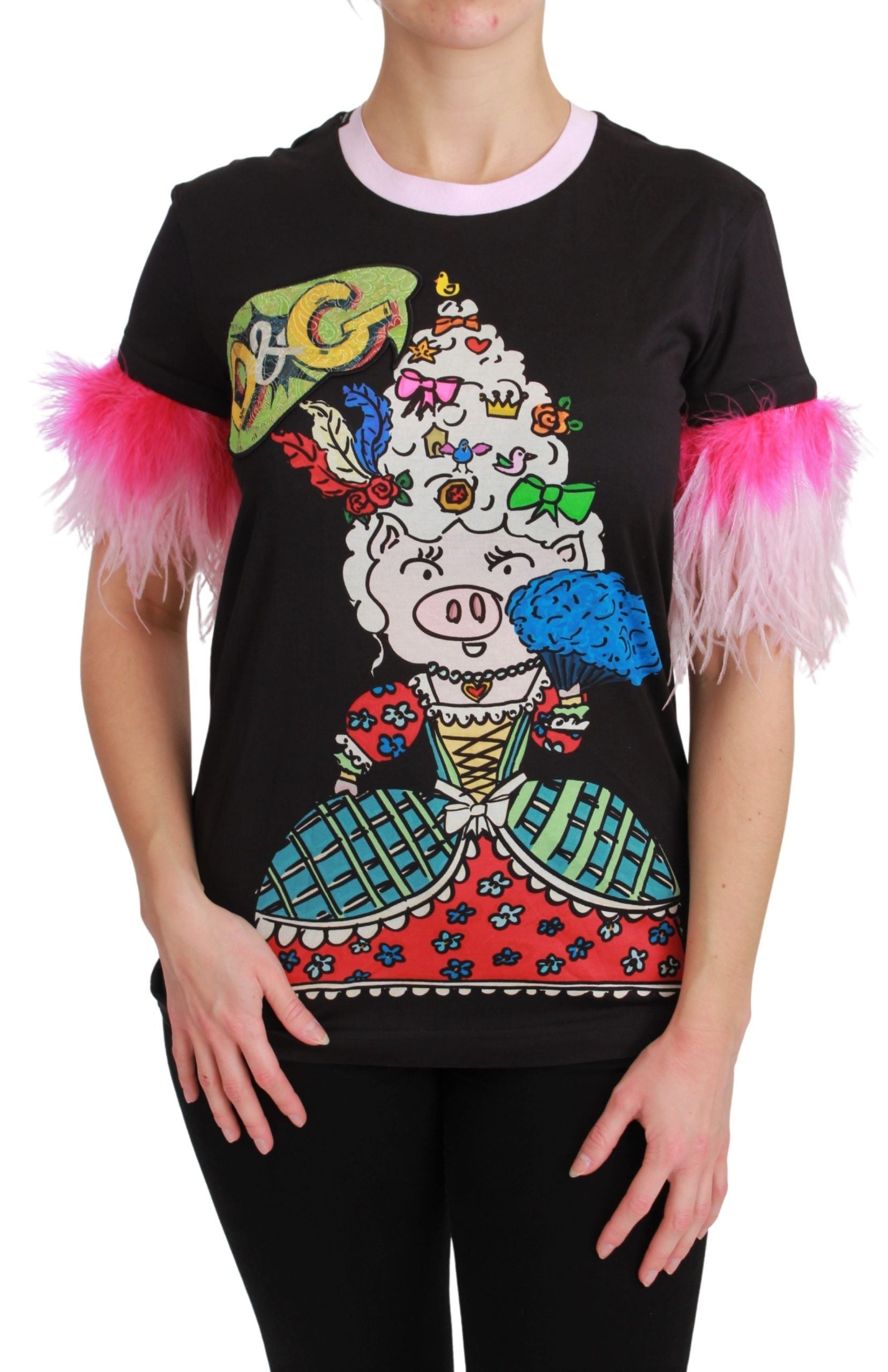 T-shirt en coton noir Dolce & Gabbana Year of the Pig, avec motif graphique visible sur le devant.