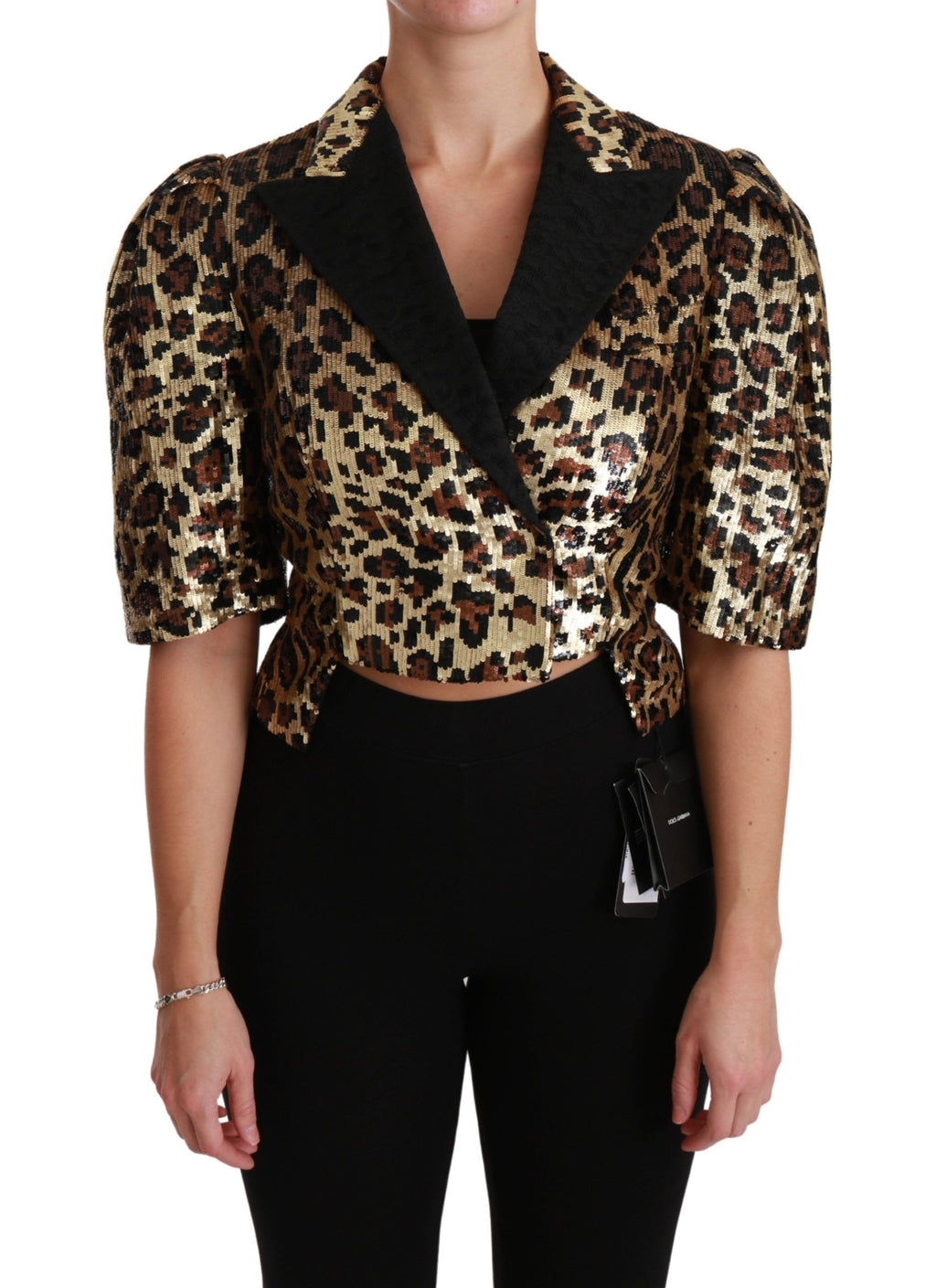 Veste blazer Dolce & Gabbana en sequins or et léopard, style sophistiqué avec motif animalier brillant.