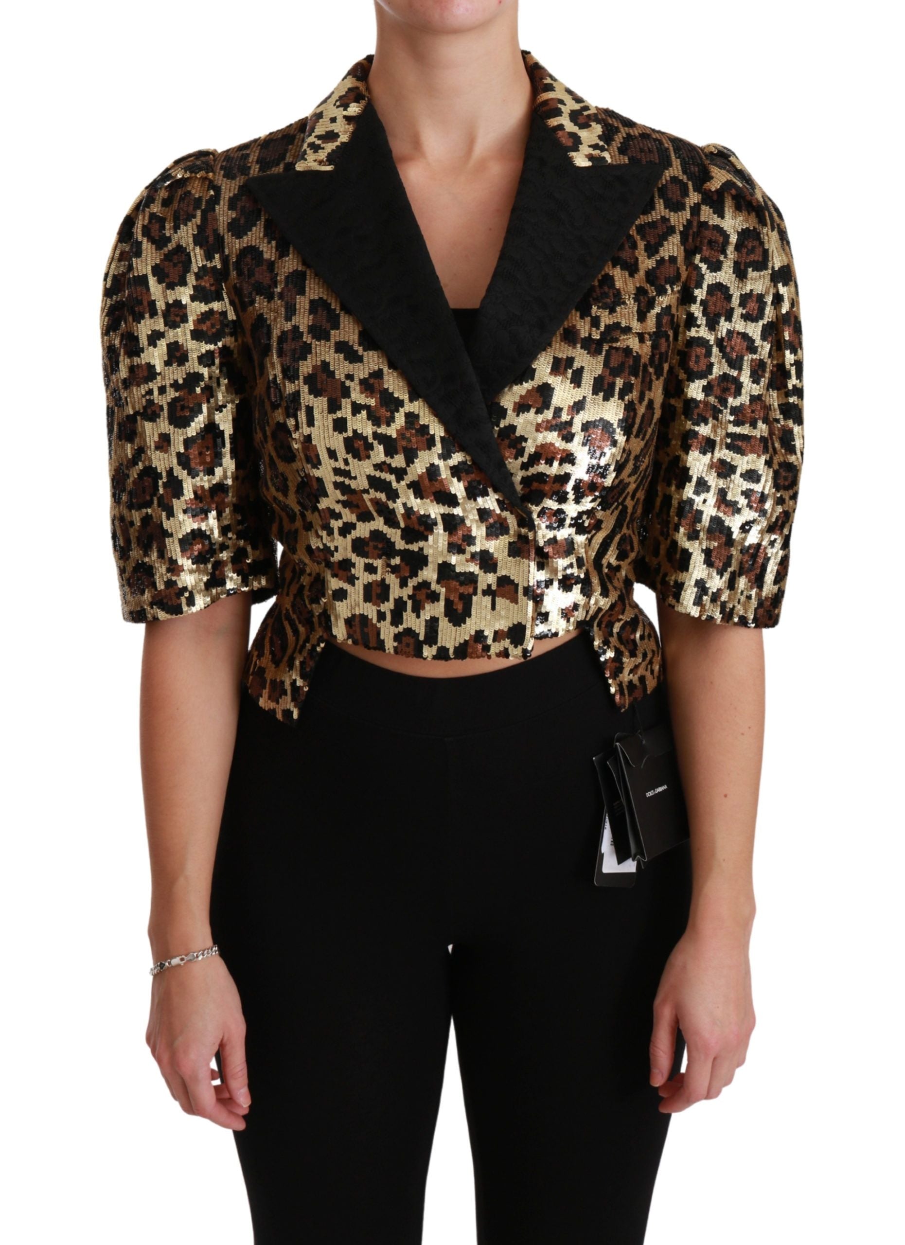Veste blazer Dolce & Gabbana en sequins or et léopard, style sophistiqué avec motif animalier brillant.