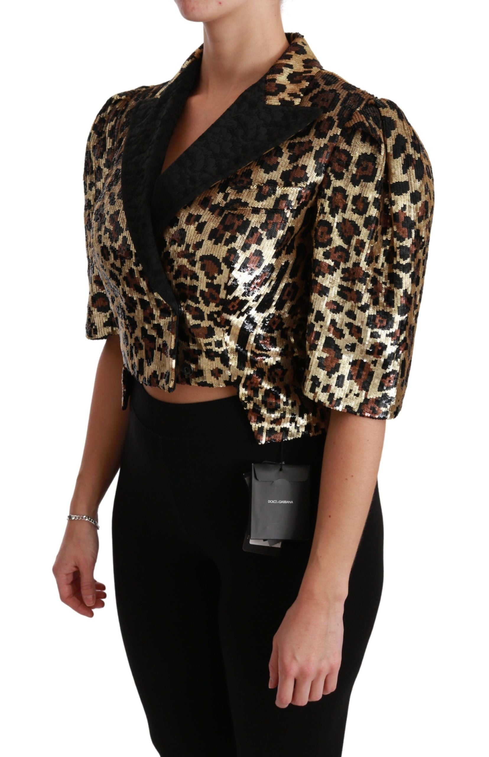 Veste blazer Dolce & Gabbana or et léopard à sequins, coupe élégante et glamour, vêtement de mode pour femme.