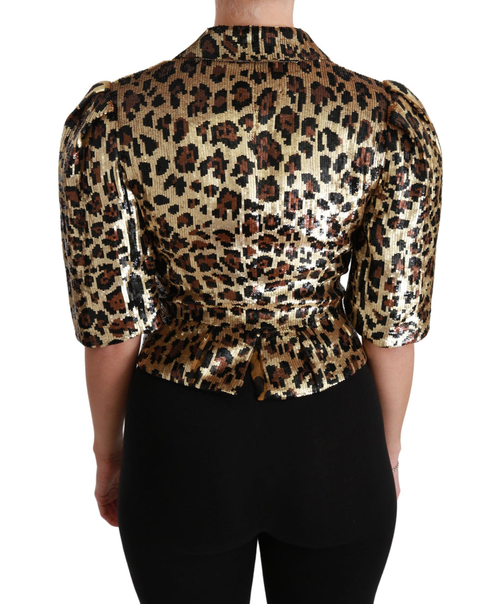 Veste blazer Dolce & Gabbana en sequins dorés et léopard, élégante veste à motif animalier brillante.
