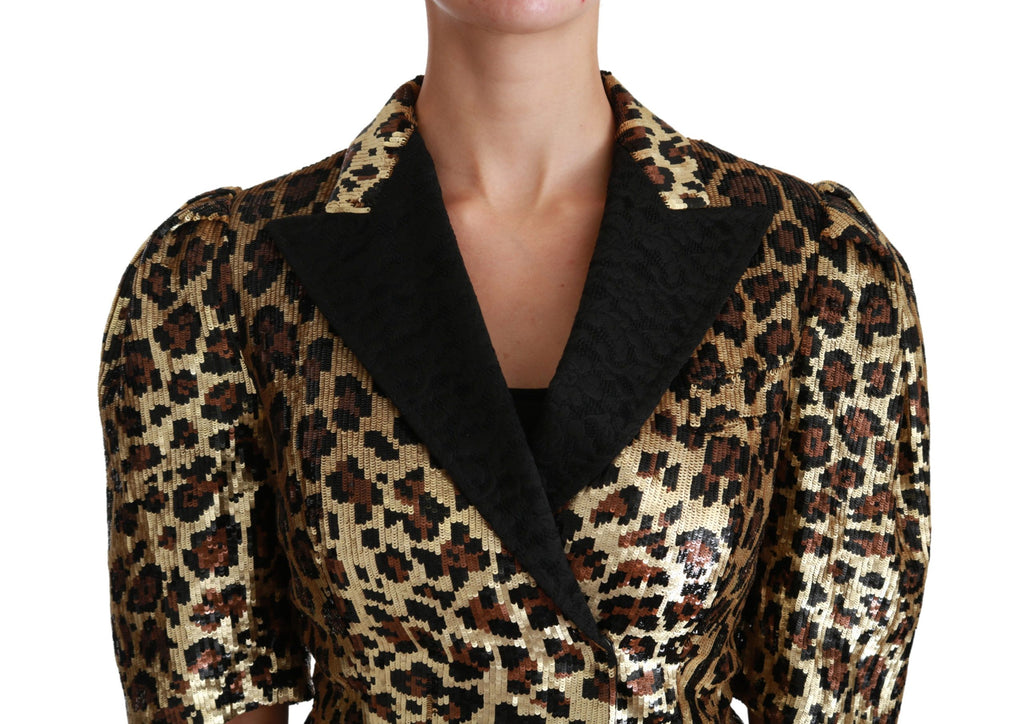 Blazer Dolce & Gabbana doré à imprimé léopard avec sequins, veste élégante et brillante pour femmes.