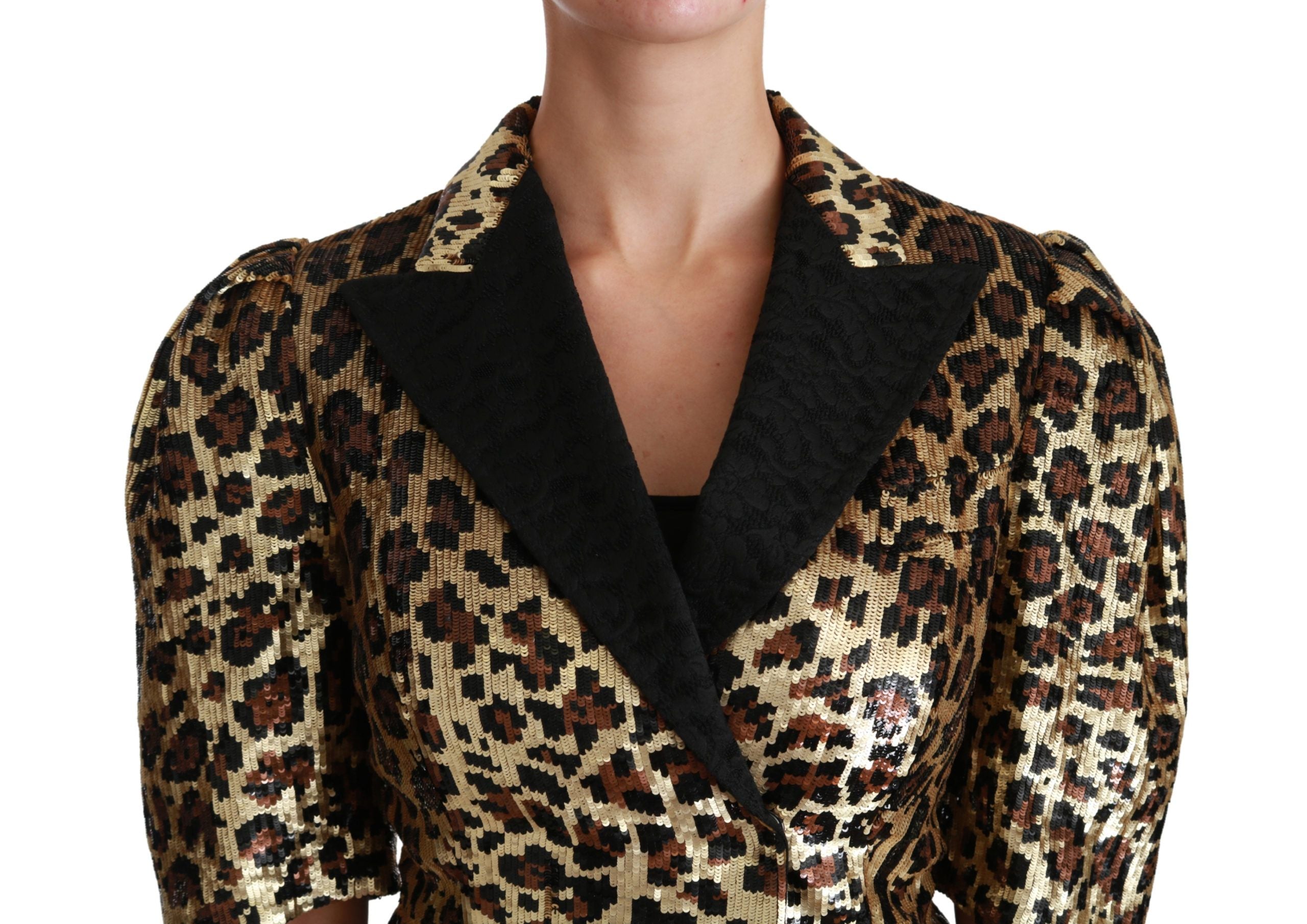 Blazer Dolce & Gabbana doré à imprimé léopard avec sequins, veste élégante et brillante pour femmes.