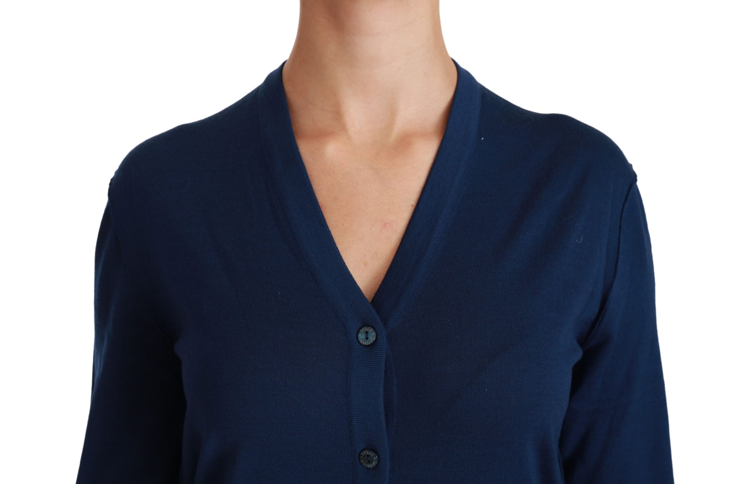 Cardigan bleu Dolce & Gabbana en laine vierge avec boutons, pull élégant et confortable pour femme.