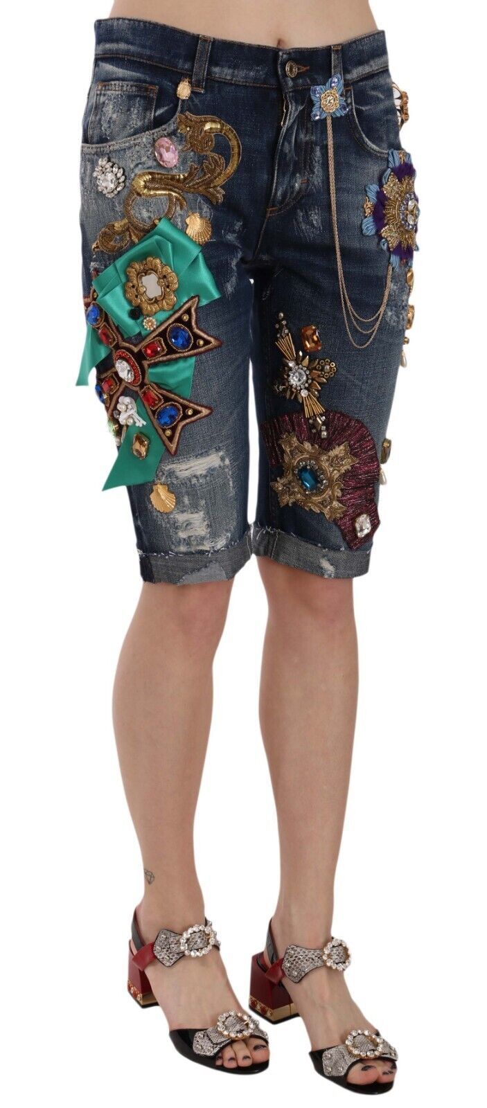 Shorts en denim bleu Dolce & Gabbana, capri à taille moyenne avec cristaux, mode élégante et tendance pour femmes.