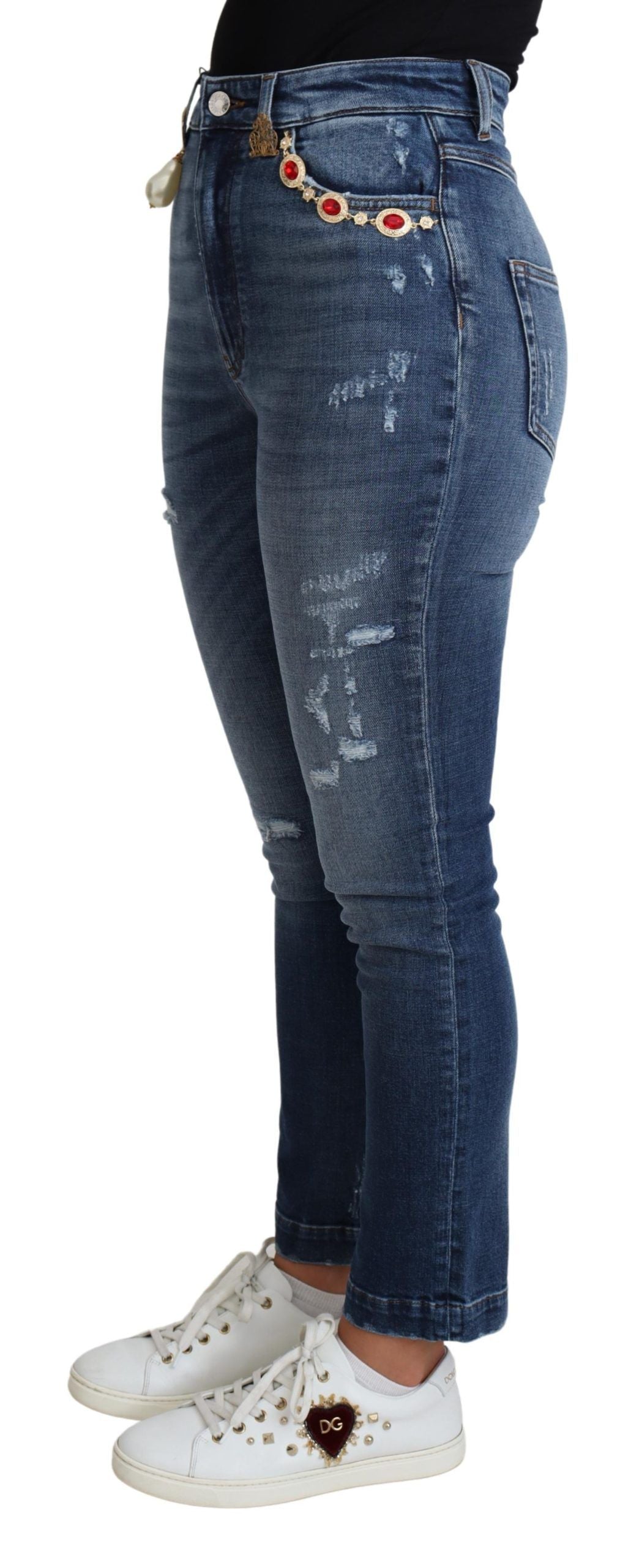 Pantalon skinny Dolce & Gabbana bleu en coton avec embellissements, style élégant et ajusté, pour femmes.