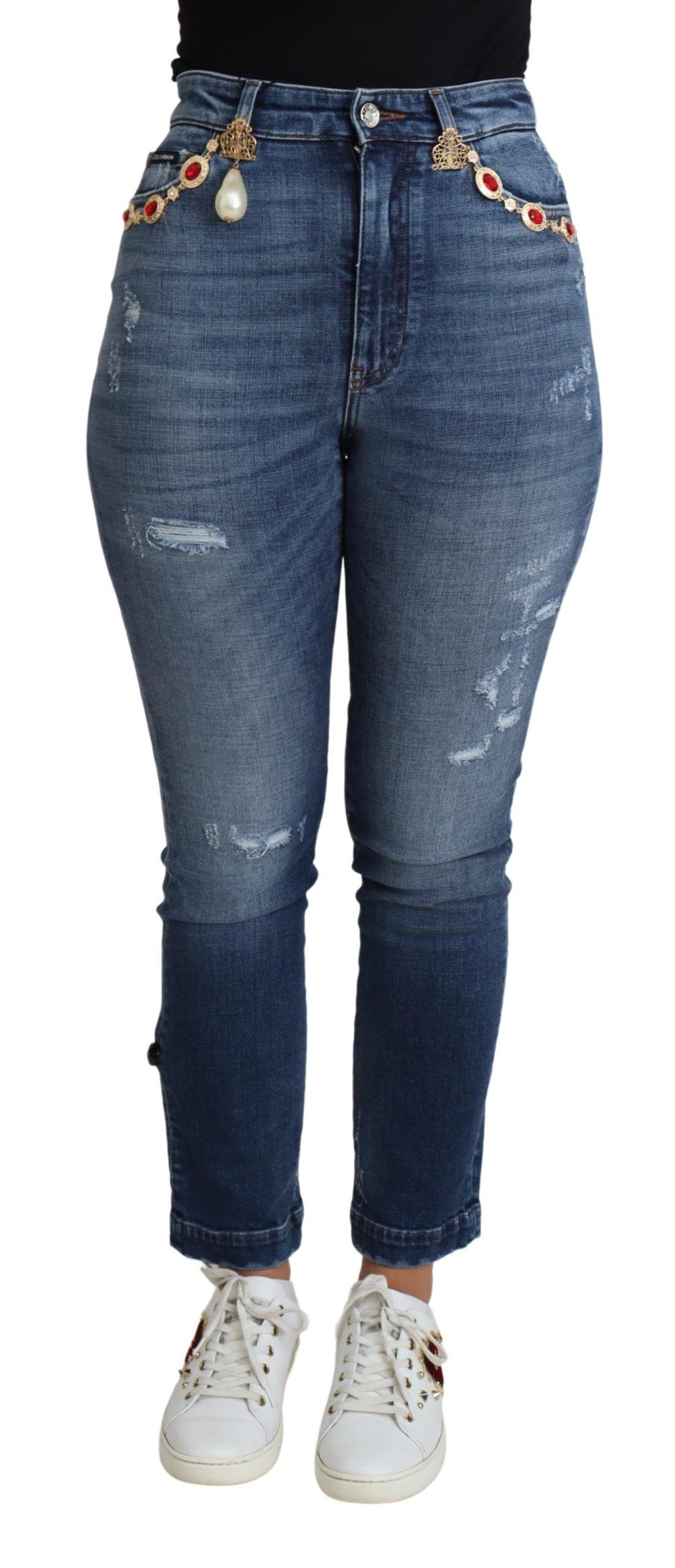 Pantalon skinny Dolce & Gabbana bleu orné de détails brillants en coton, ajusté et élégant.