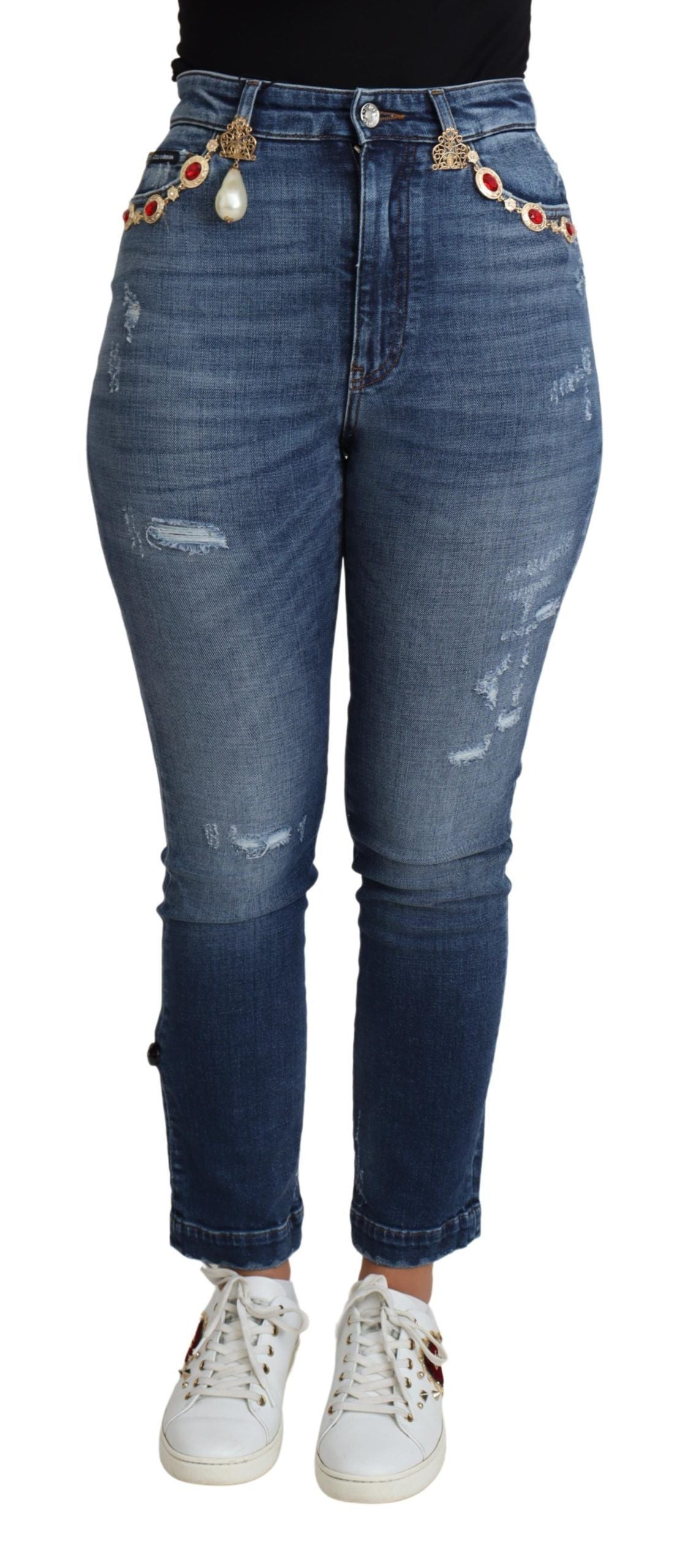 Pantalon skinny Dolce & Gabbana bleu orné de détails brillants en coton, ajusté et élégant.