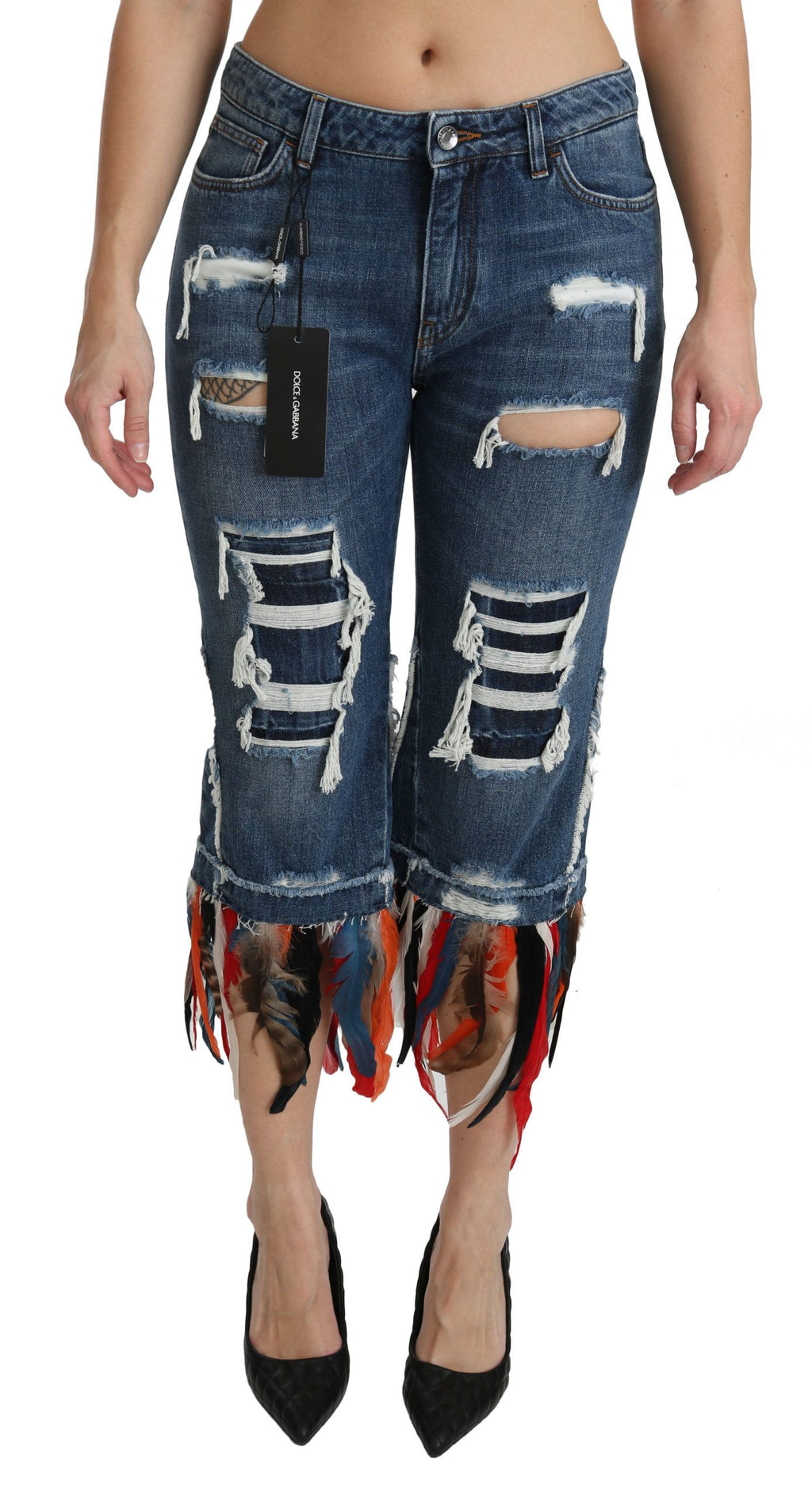 Jean coton coupe basse Dolce & Gabbana Blue Feathers avec broderies en plumes et taille courte, mode élégante et décontractée.