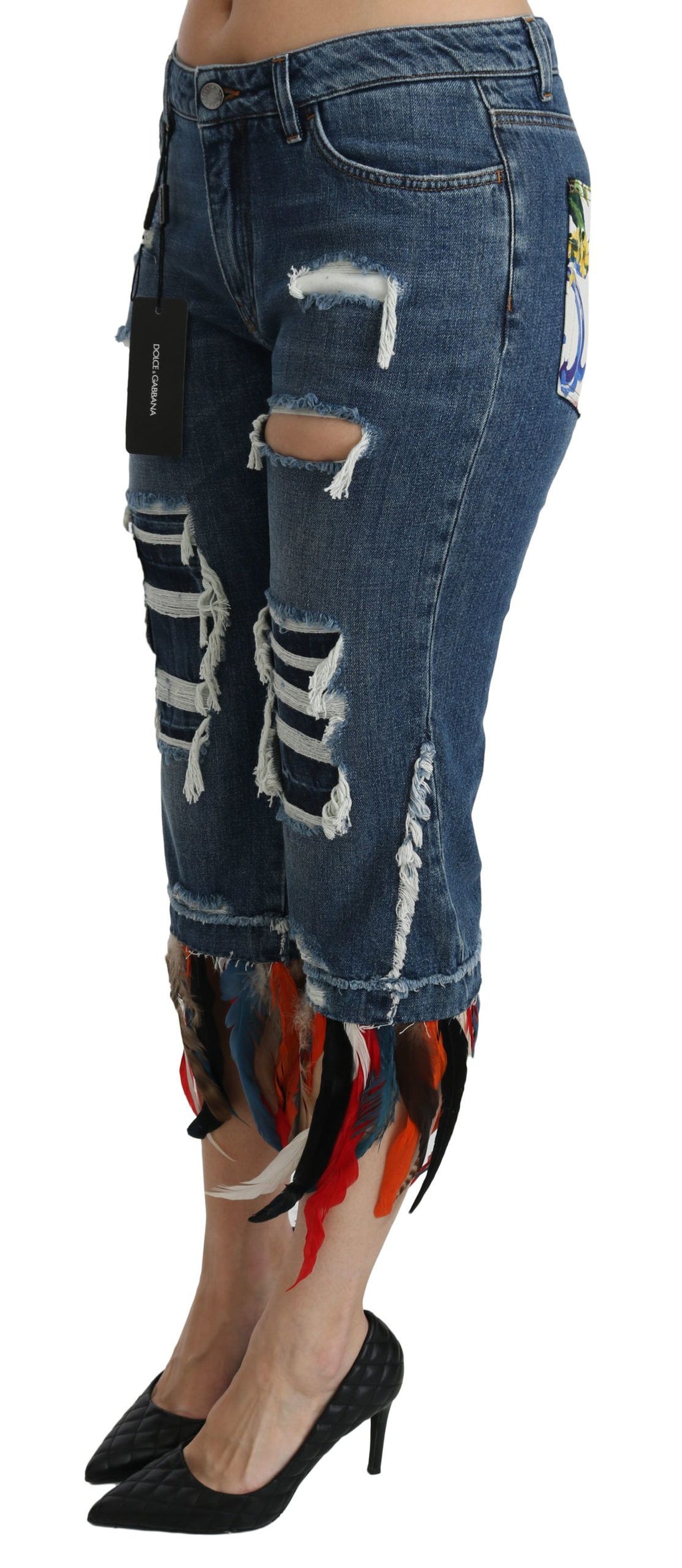 Jeans courts en coton à taille basse Dolce & Gabbana avec plumes bleues, style décontracté et tendance.