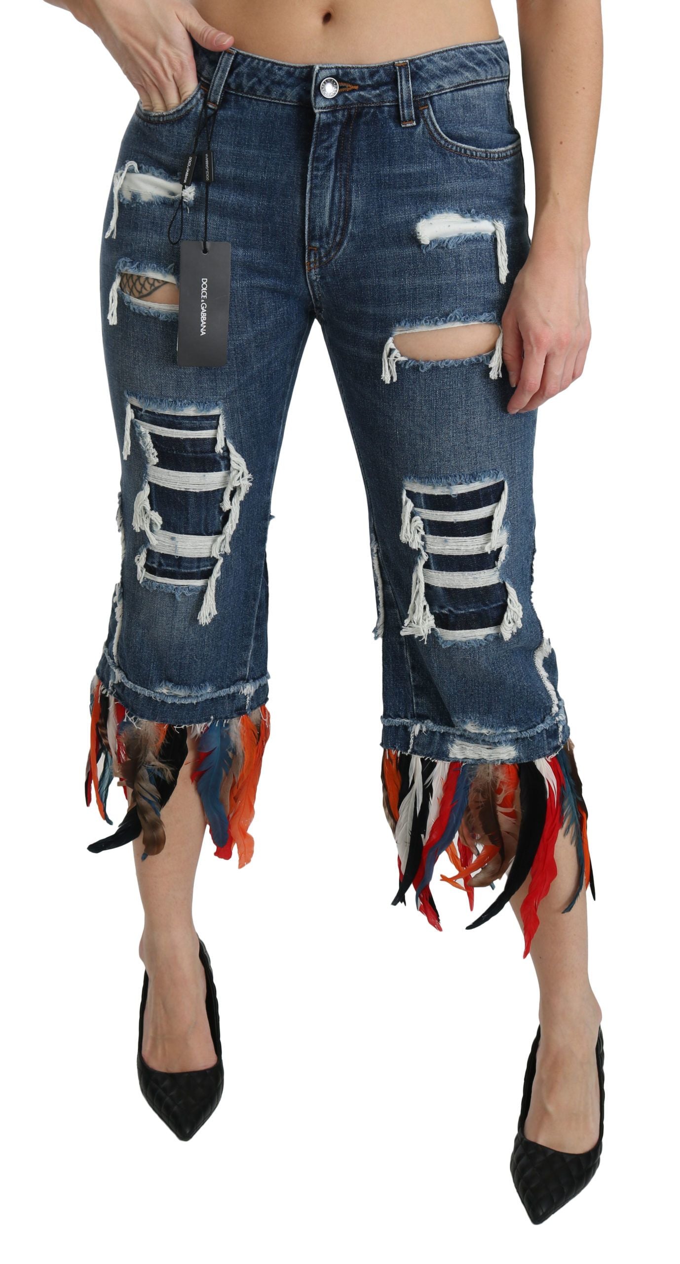 Jeans en coton coupe basse avec plumes bleues de Dolce & Gabbana, style cropped et tendance.