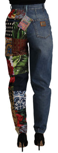 Pantalons en jacquard bleu Dolce & Gabbana, taille haute, style majolica, pour femme.