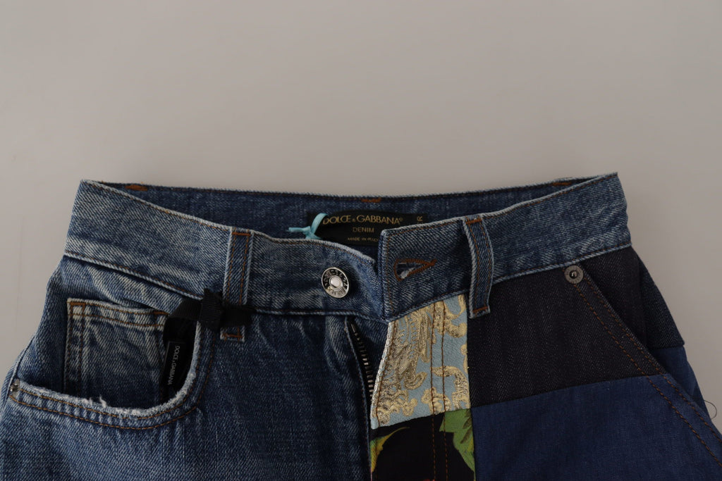Pantalons Dolce & Gabbana en jeans jacquard bleu à taille haute avec motif majolique.