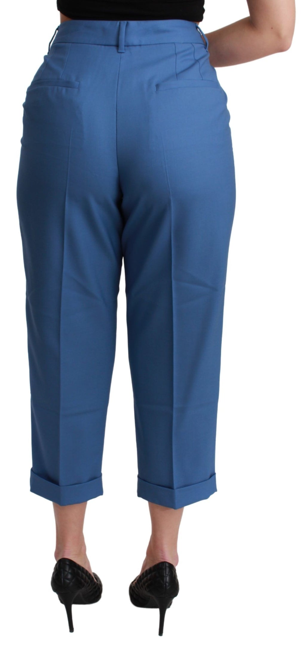 Pantalon coupe courte en laine plissée bleue avec revers Dolce & Gabbana, style élégant et moderne.