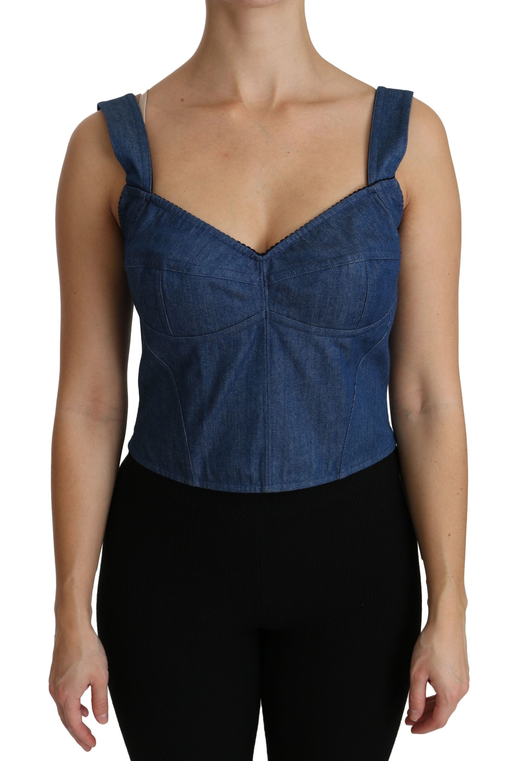 Blouse bustier sans manches de couleur bleue en coton de Dolce & Gabbana, détail élégant et coupe ajustée.
