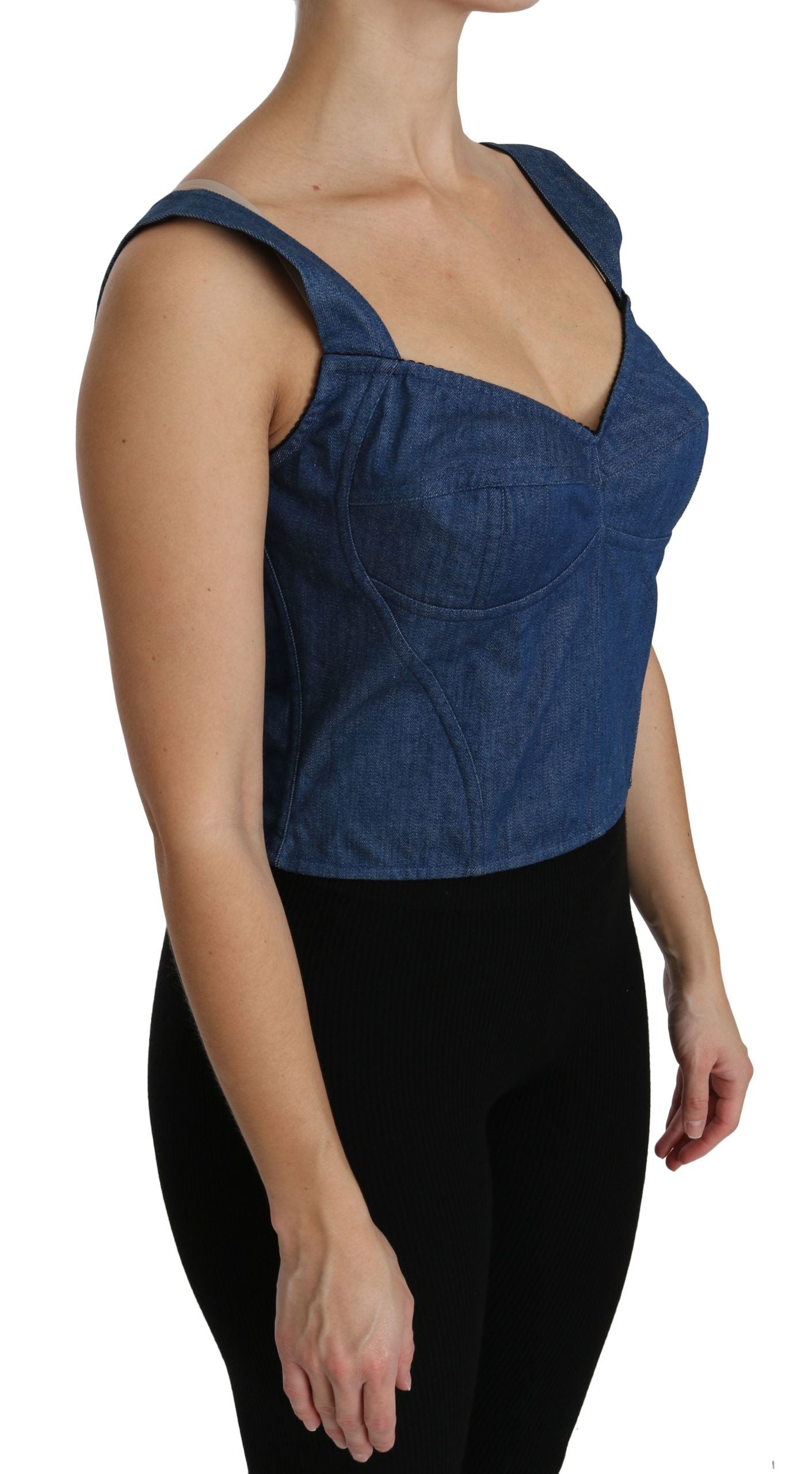 Blouse bustier sans manches en coton bleu Dolce & Gabbana, haut élégant et ajusté pour femme.