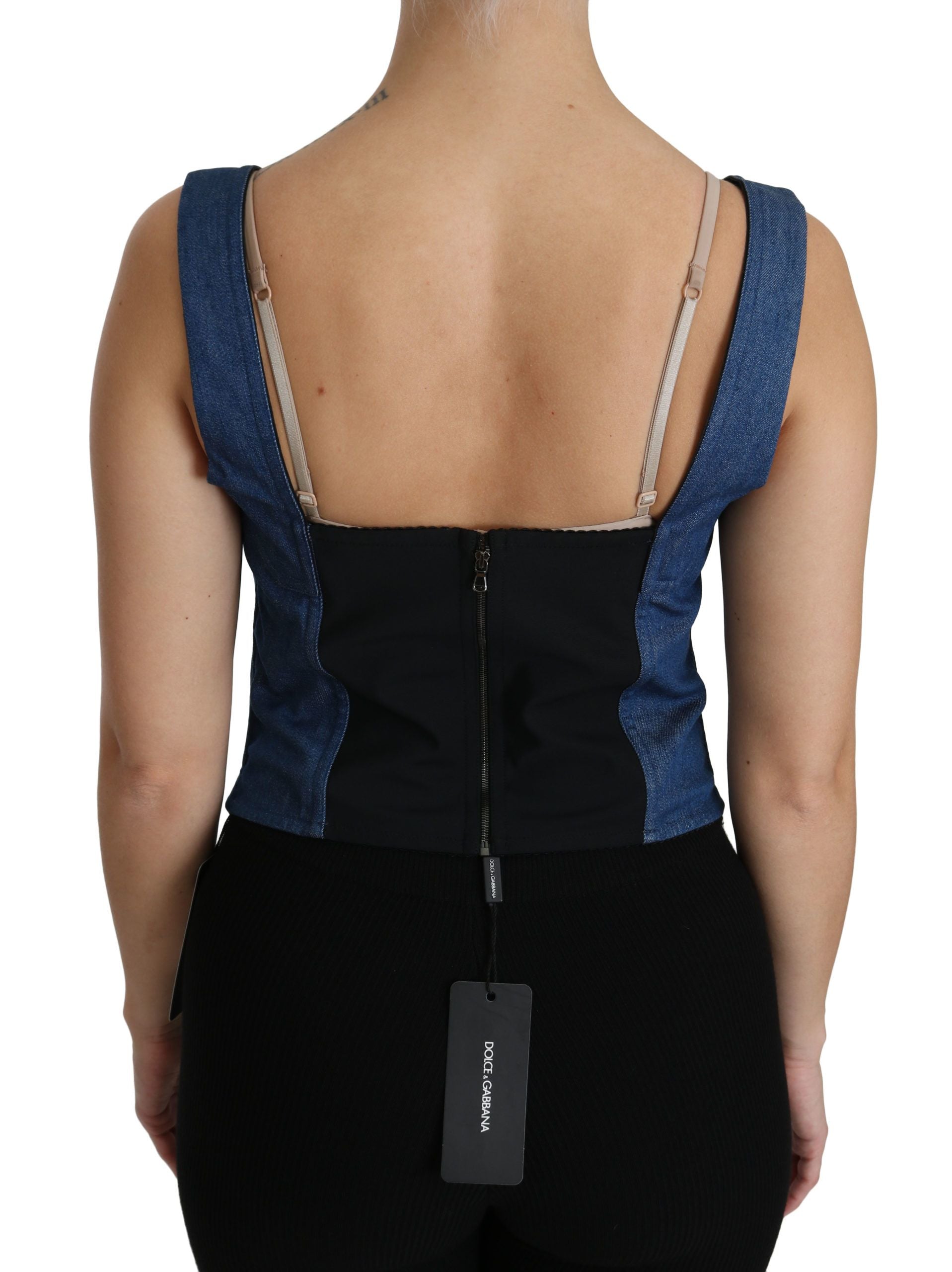 Blouse bustier sans manches en coton bleu de Dolce & Gabbana, vue de face.