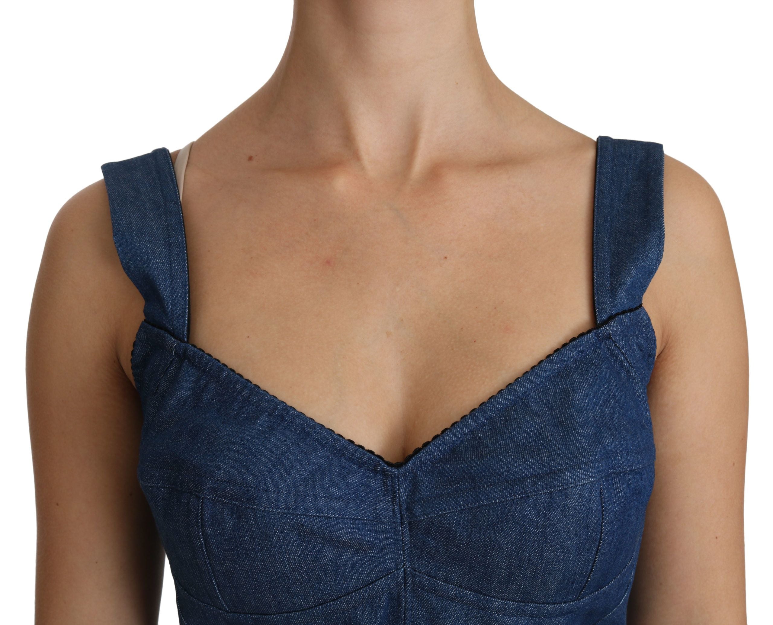 Blouse bustier sans manches en coton bleu de Dolce & Gabbana, vue de face, détails du haut élégant et féminin.