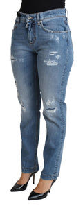 Jean skinny déchiré en denim bleu Dolce & Gabbana, coupe ajustée, coton mélangé, style décontracté et moderne.