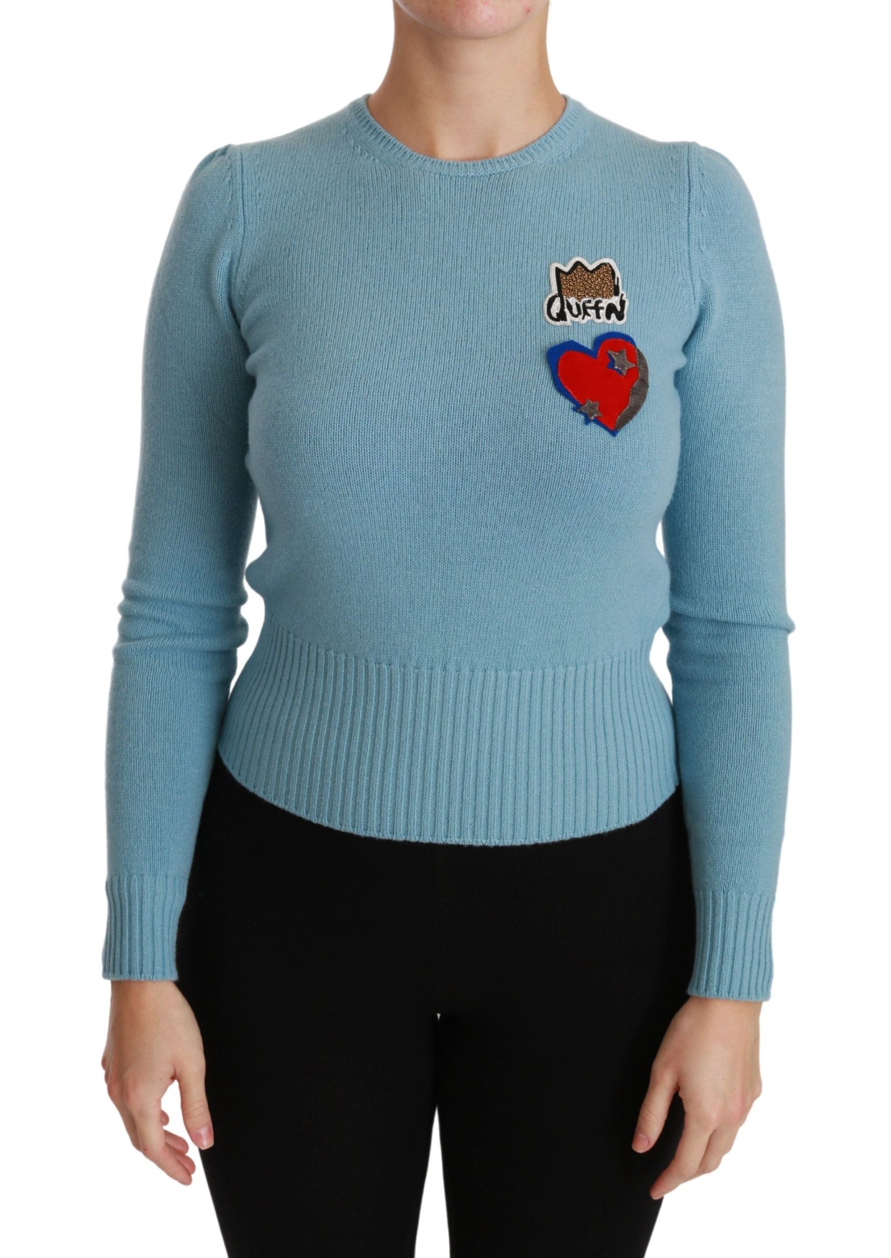 Pull-over Dolce & Gabbana en laine bleue avec motif cœur de reine, style élégant et confortable.