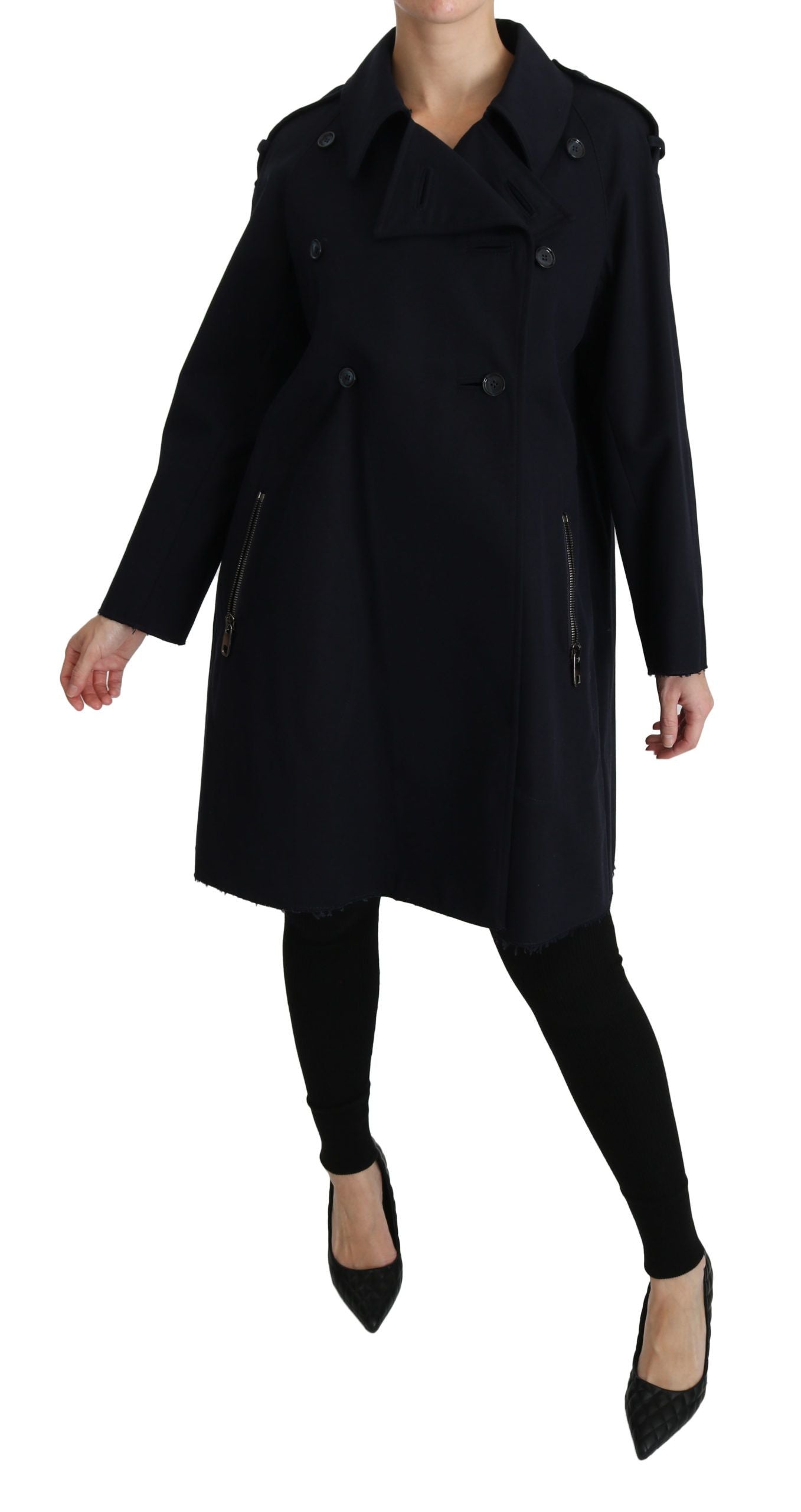 Manteau bleu en coton Dolce & Gabbana pour femmes, trench léger avec boutons et ceinture, style élégant et classique.
