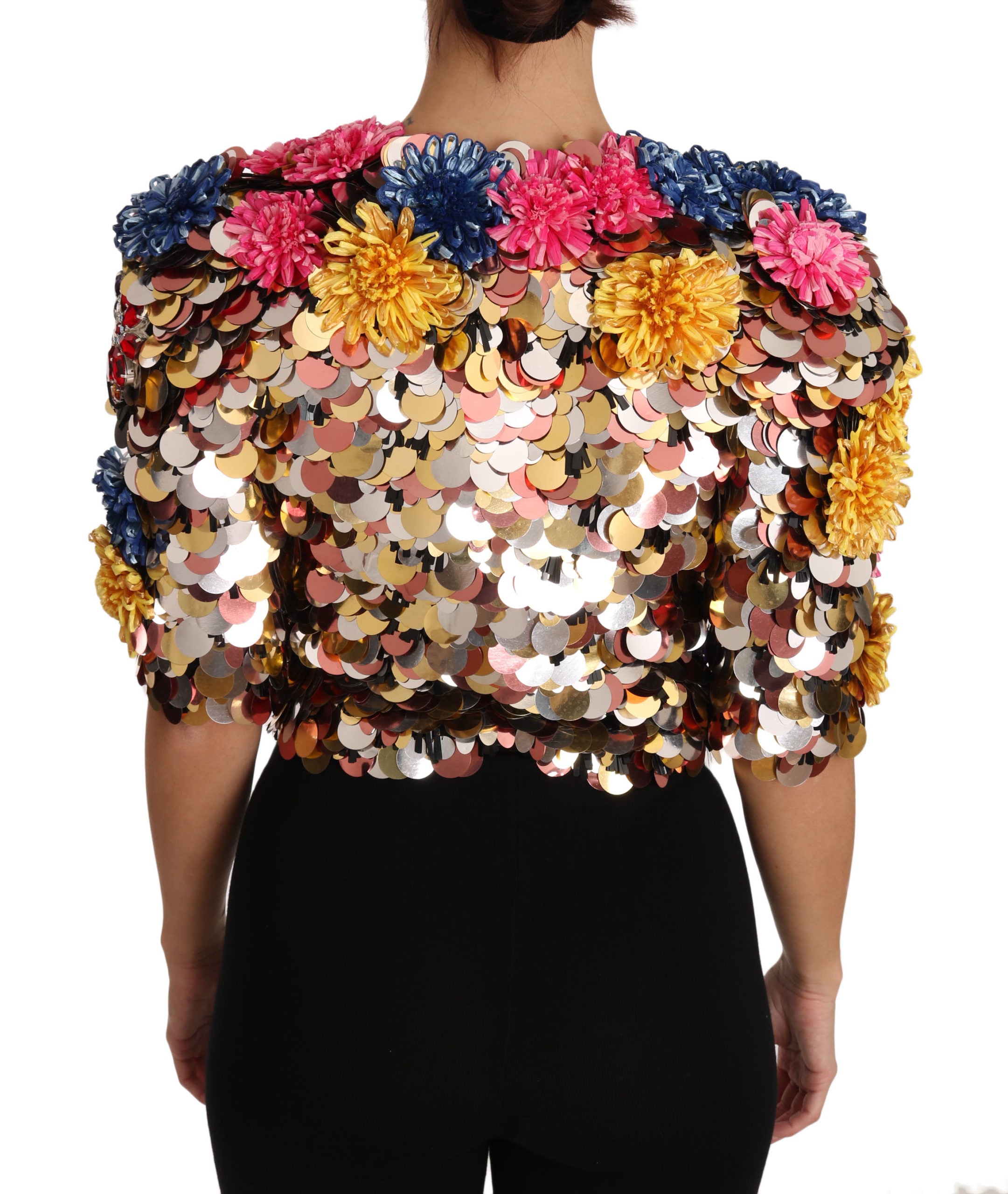 Veste en floral à sequins et cristaux Dolce & Gabbana, coupe élégante, détails scintillants, mode sophistiquée pour femme.