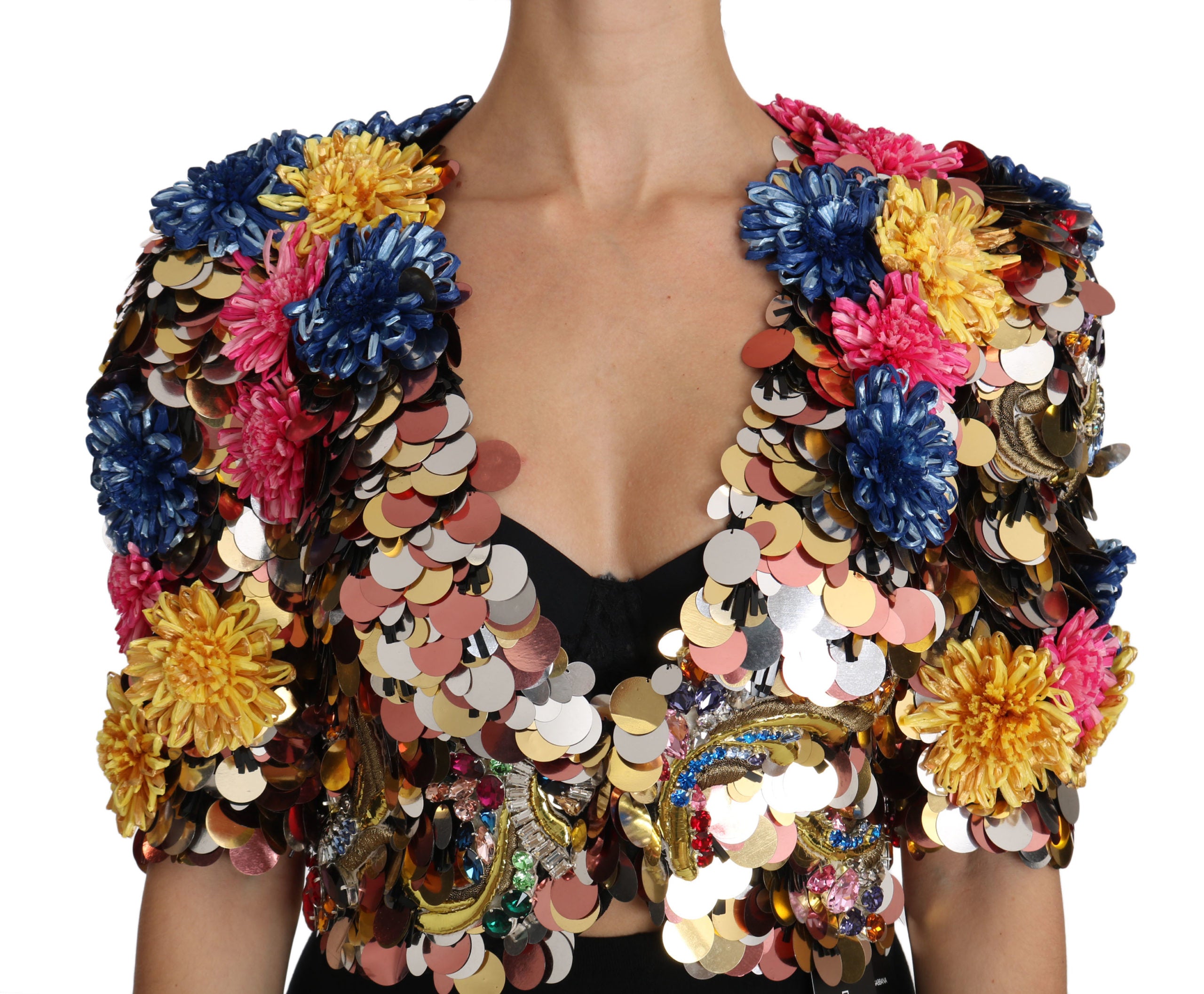 Veste en daim Dolce & Gabbana avec sequins en forme de fleurs, orné de cristaux, style élégant et sophistiqué.