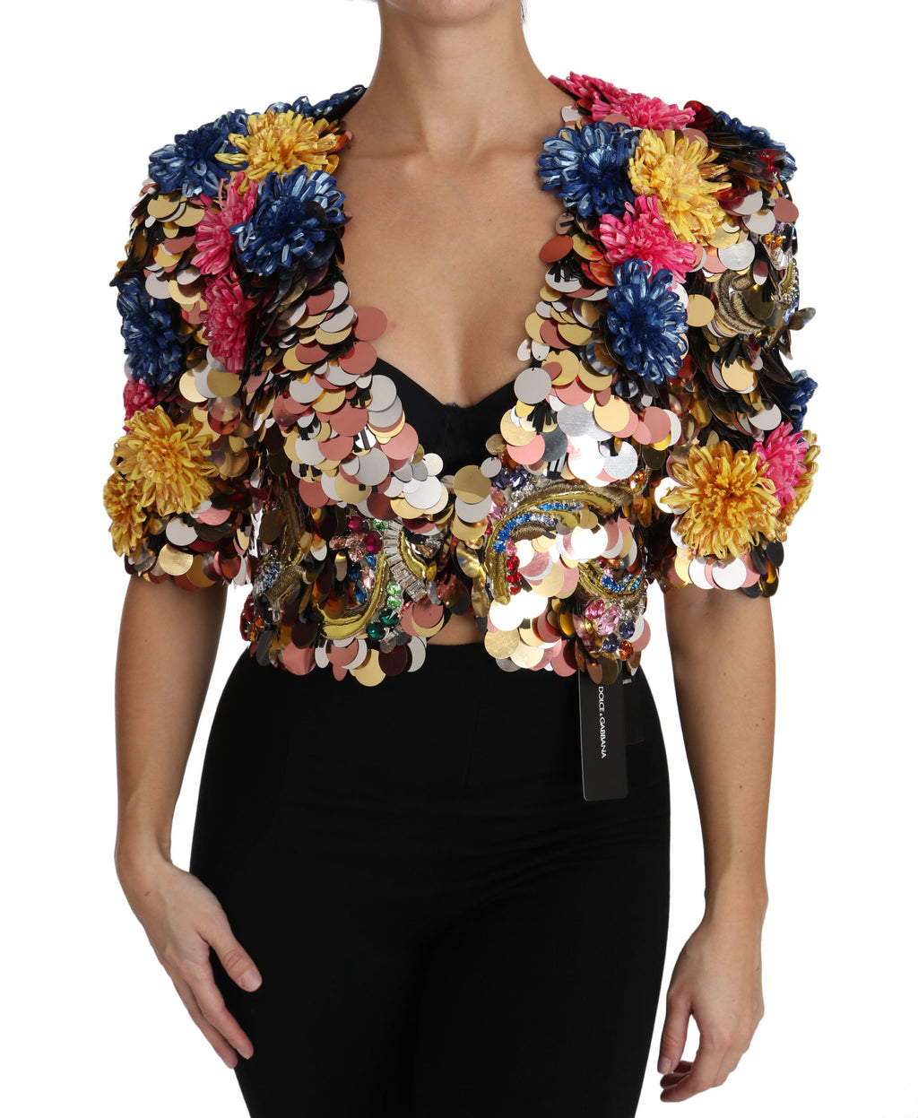 Veste Dolce & Gabbana en sequins floraux en cristal, style élégant avec motif floral brillant.