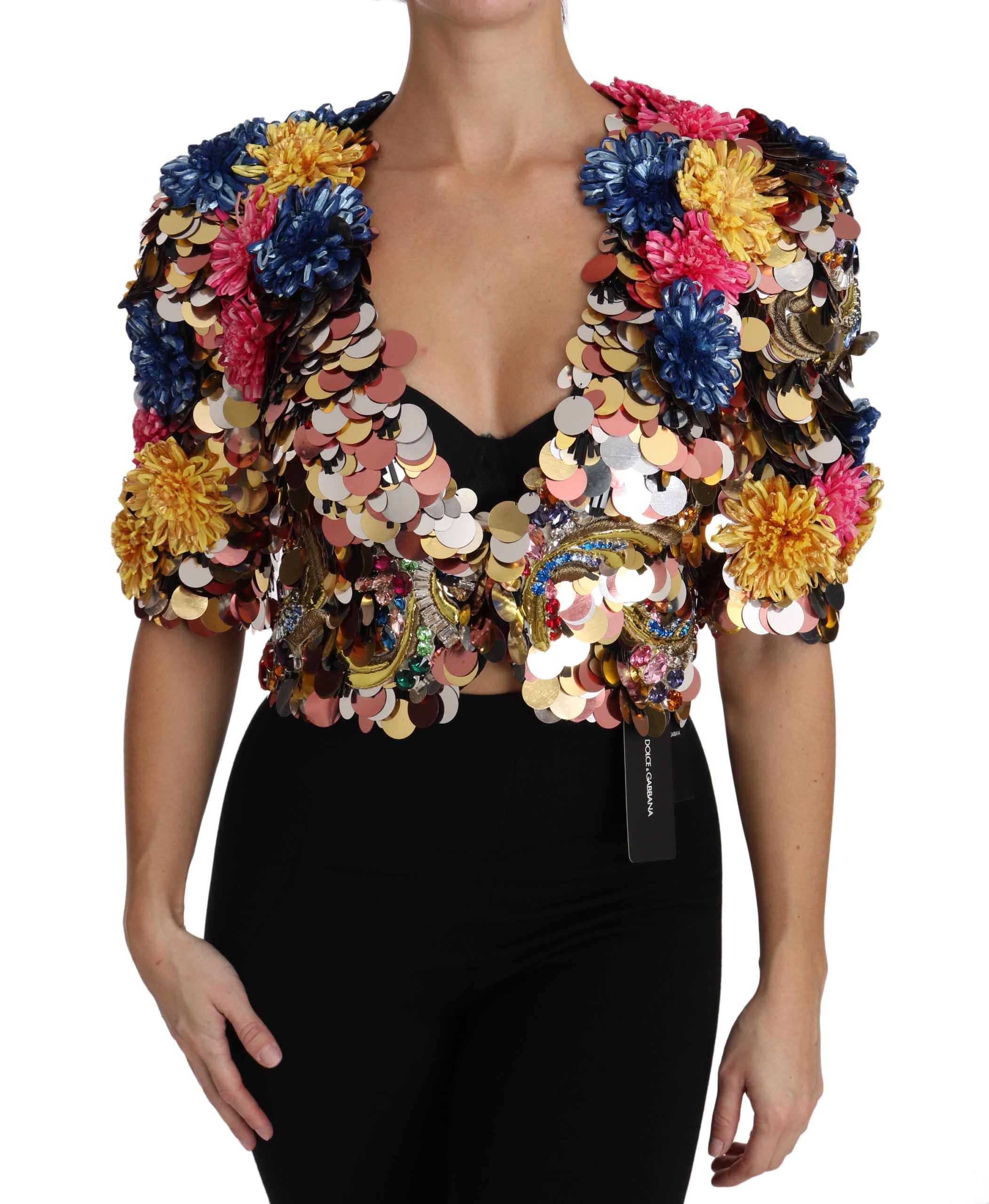 Veste Dolce & Gabbana en sequins floraux en cristal, style élégant avec motif floral brillant.