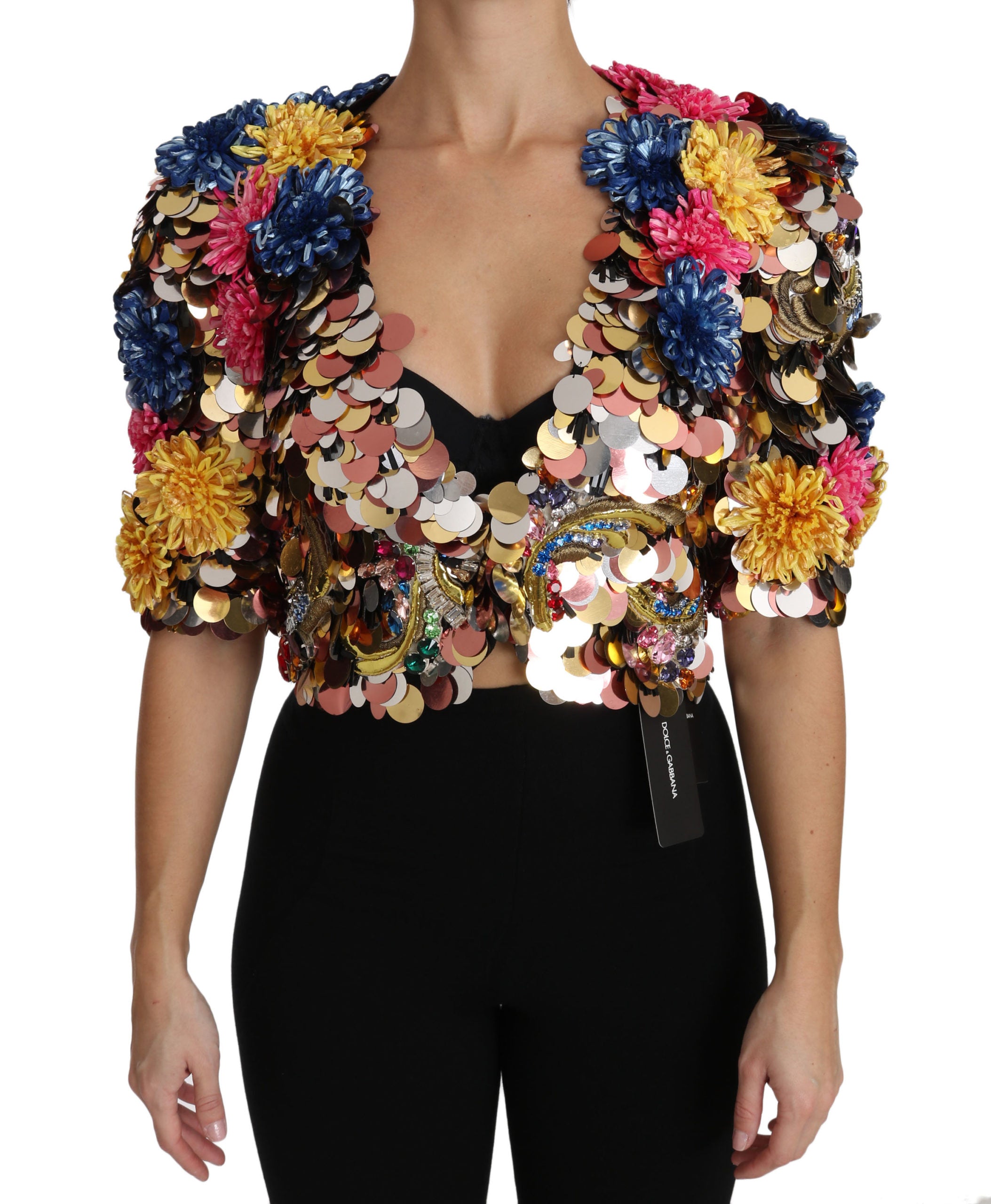 Veste en cuir Dolce & Gabbana à sequins cristallins avec motif floral, élégante et ornée de détails brillants.