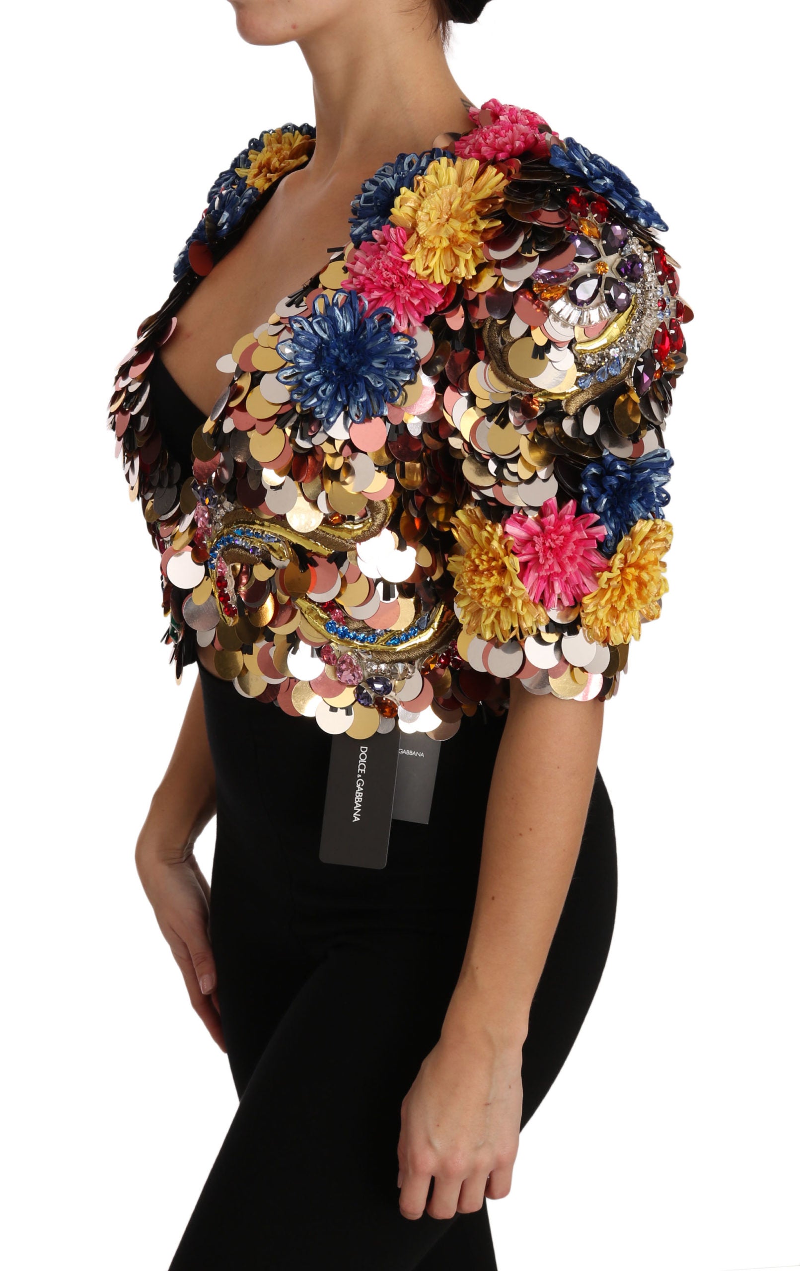 Veste Dolce & Gabbana à sequins en forme de fleurs, ornée de cristaux, style élégant et sophistiqué.