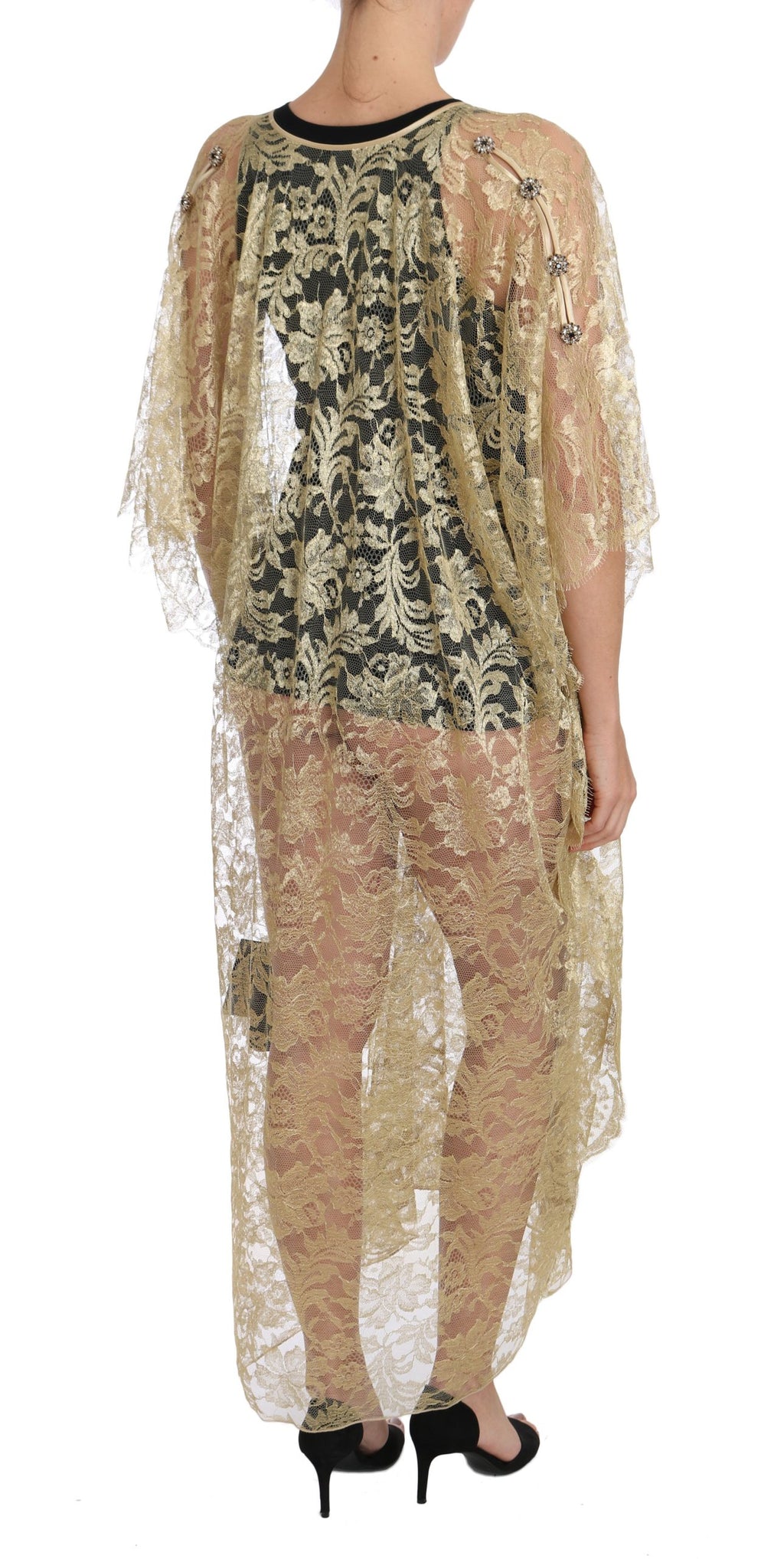 Robe de soirée Dolce & Gabbana en dentelle florale or, cape élégante ornée de cristaux, vêtement de luxe pour occasion spéciale