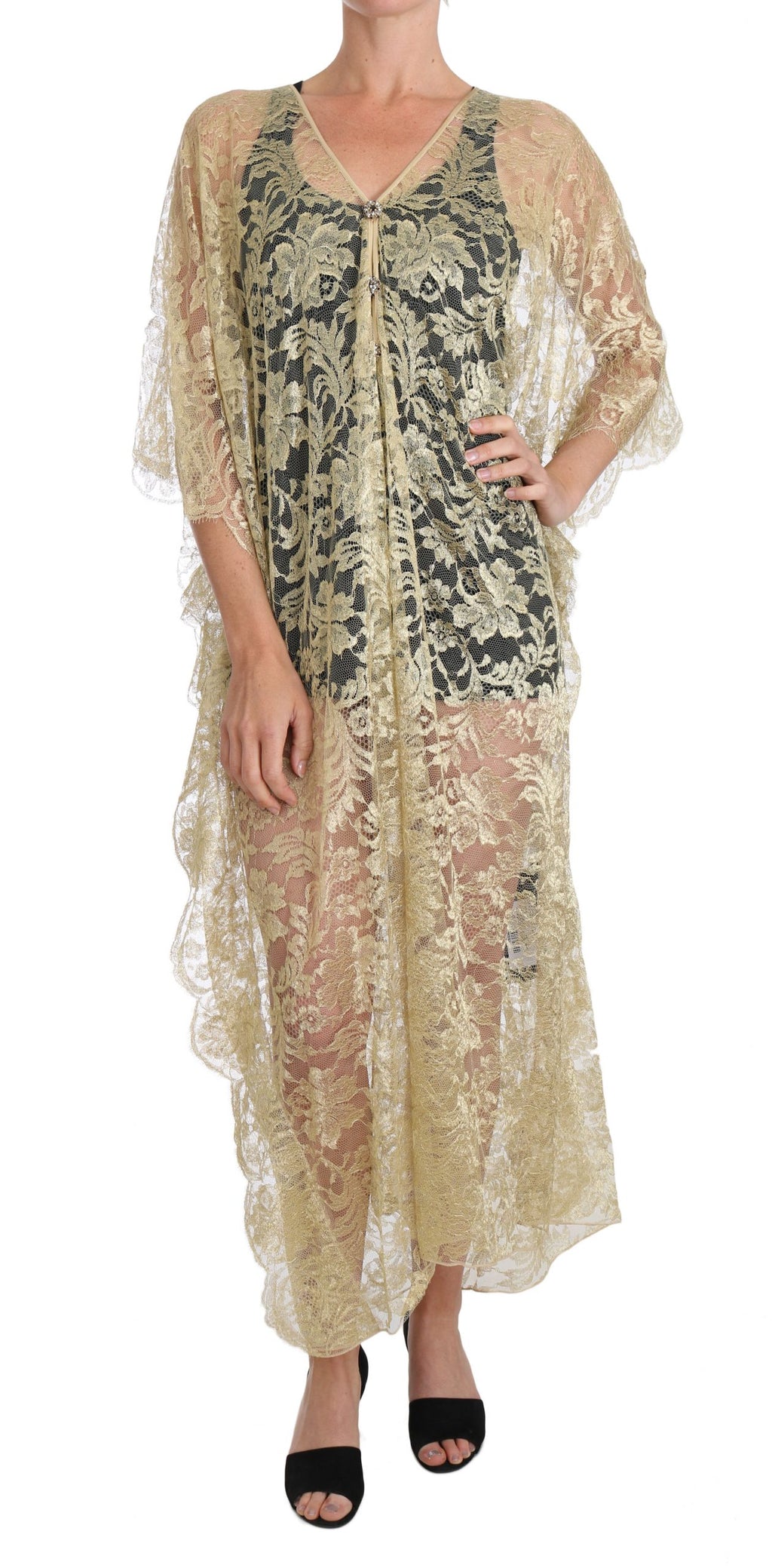Robe longue Dolce & Gabbana en dentelle florale dorée avec cape en cristaux, élégante et sophistiquée.