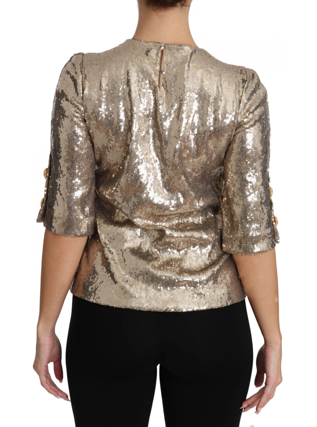 Blouse en cristal doré avec motif de perroquet à sequins pour femme, par Dolce & Gabbana.