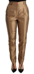 Pantalon en soie dorée Dolce & Gabbana, coupe tapered, pantalon métallique élégant pour femme.