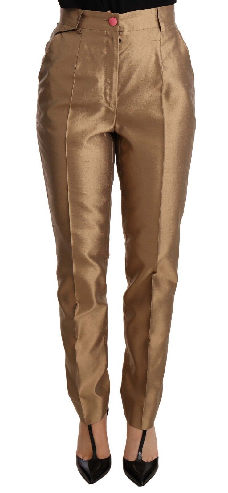 Pantalon en soie dorée Dolce & Gabbana, coupe tapered, pantalon métallique élégant pour femme.