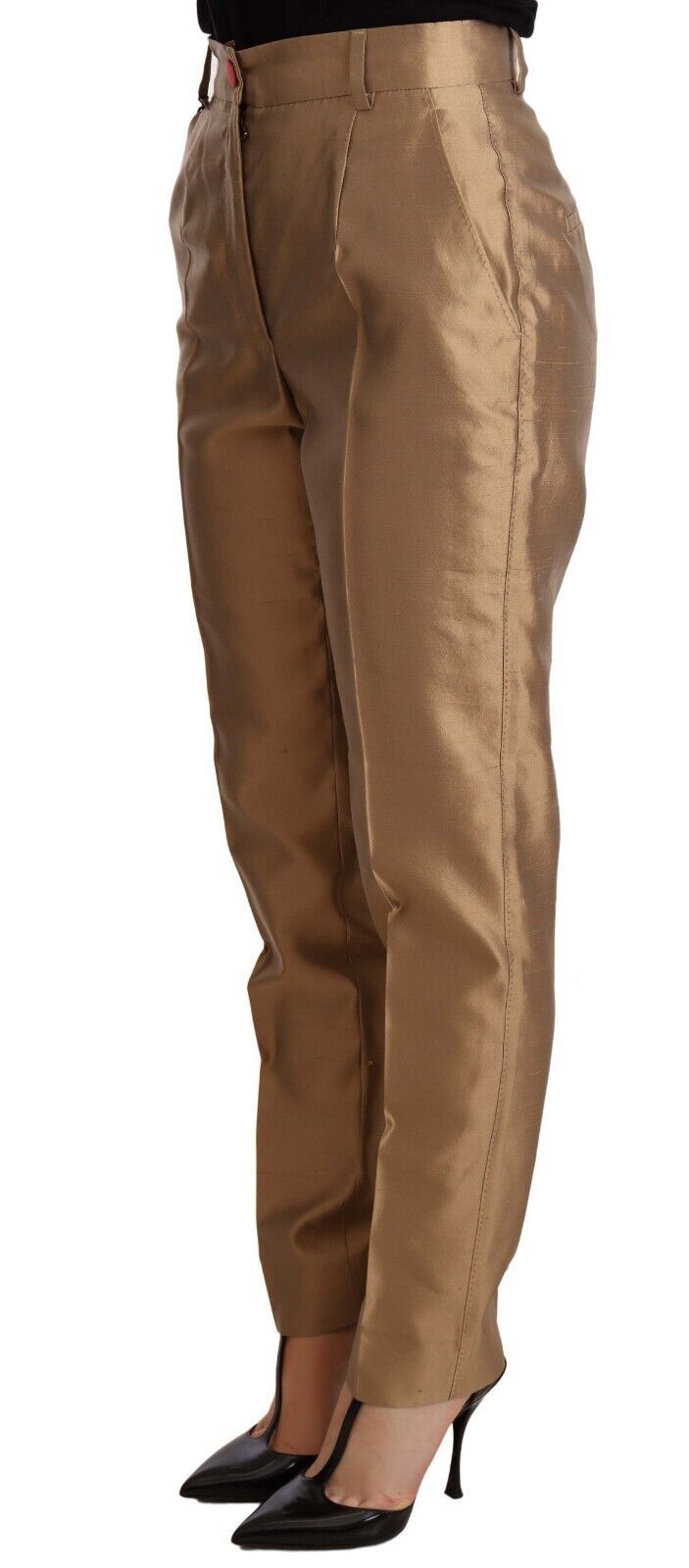 Pantalon doré en soie de coupe tapered par Dolce & Gabbana, pantalon metallic élégant pour femme.