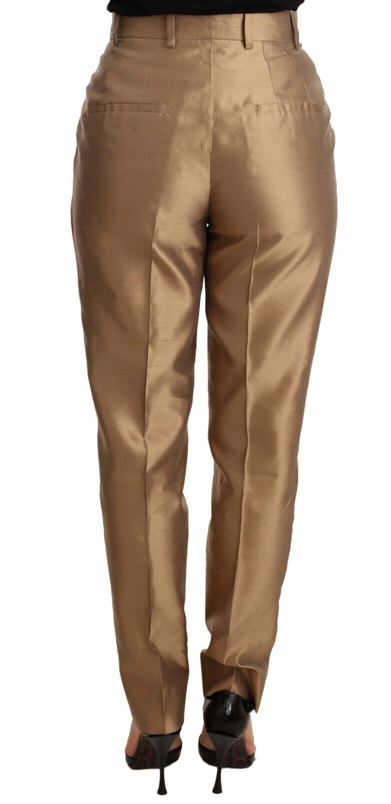 Pantalon en soie dorée Dolce & Gabbana, coupe tapered, metallic brillant, pantalon élégant pour femmes.