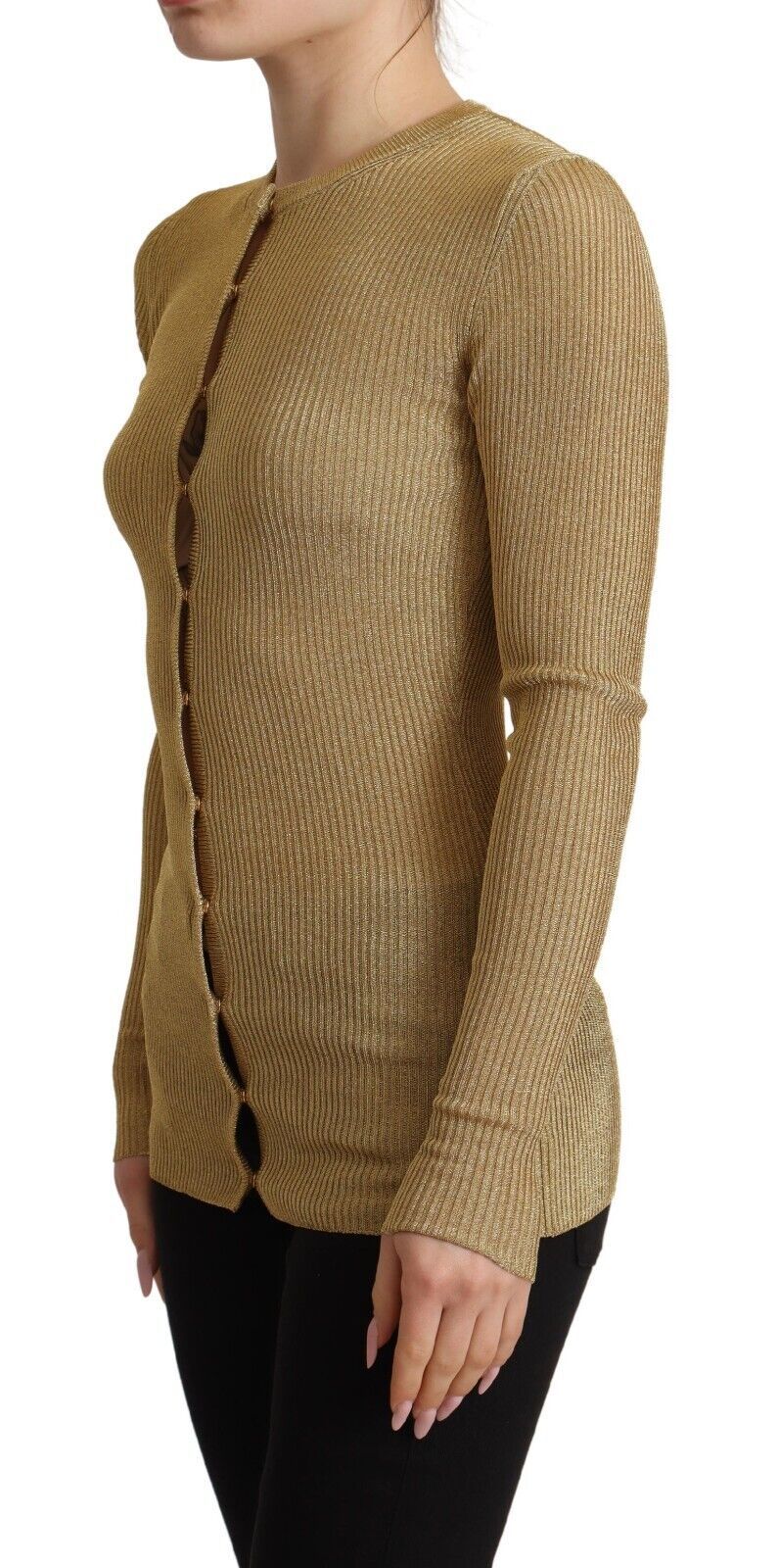 Cardigan Dolce & Gabbana en viscose mélangée dorée avec boutons, pull élégant et sophistiqué pour femme.