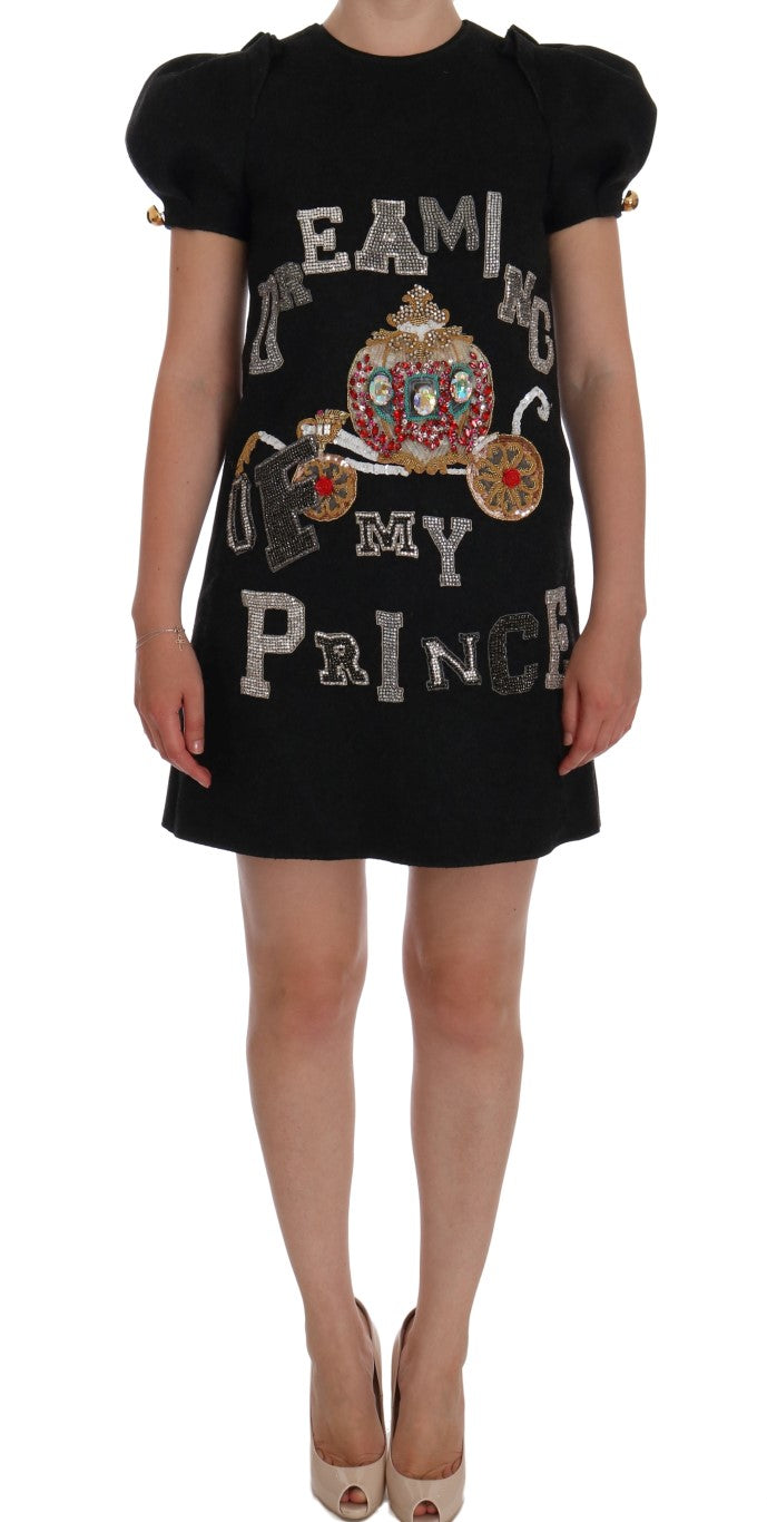 Robe grise en cristal Dolce & Gabbana "Dreaming of My Prince" avec détails élégants et tissu fluide.
