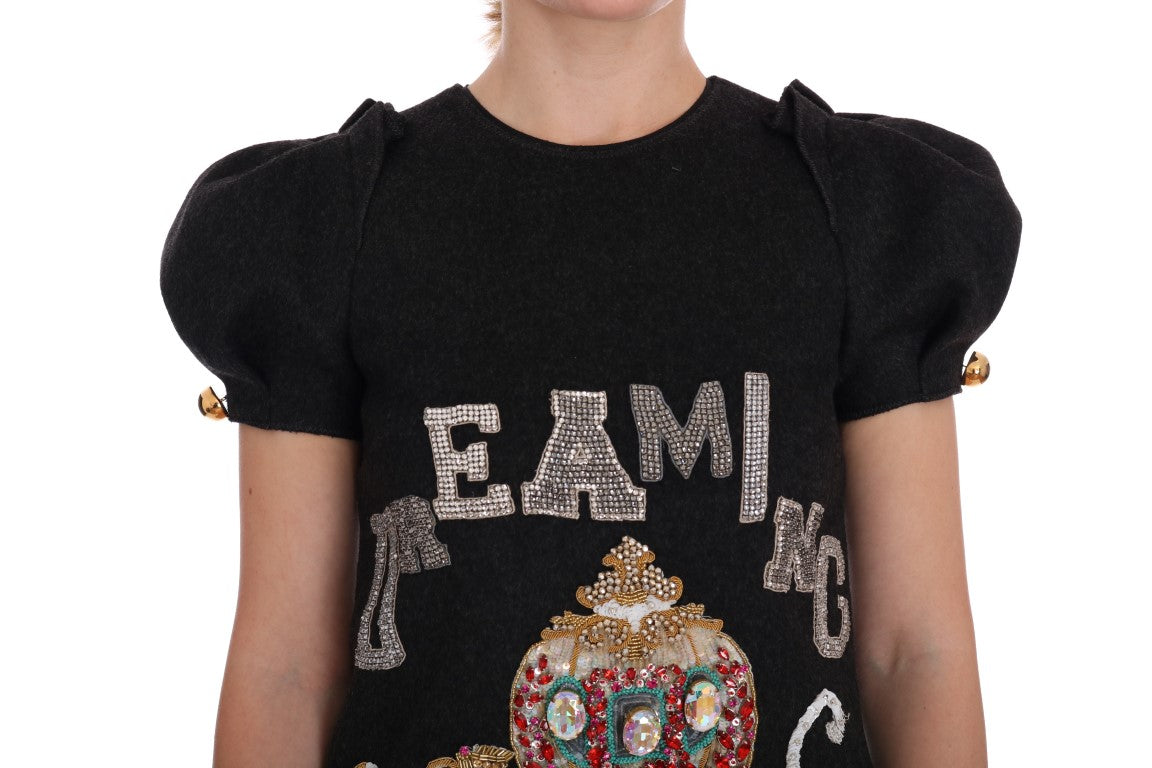 Robe grise en cristal Dolce & Gabbana « Dreaming of My Prince », détails élégants et tissu fluide visible sur l'image.