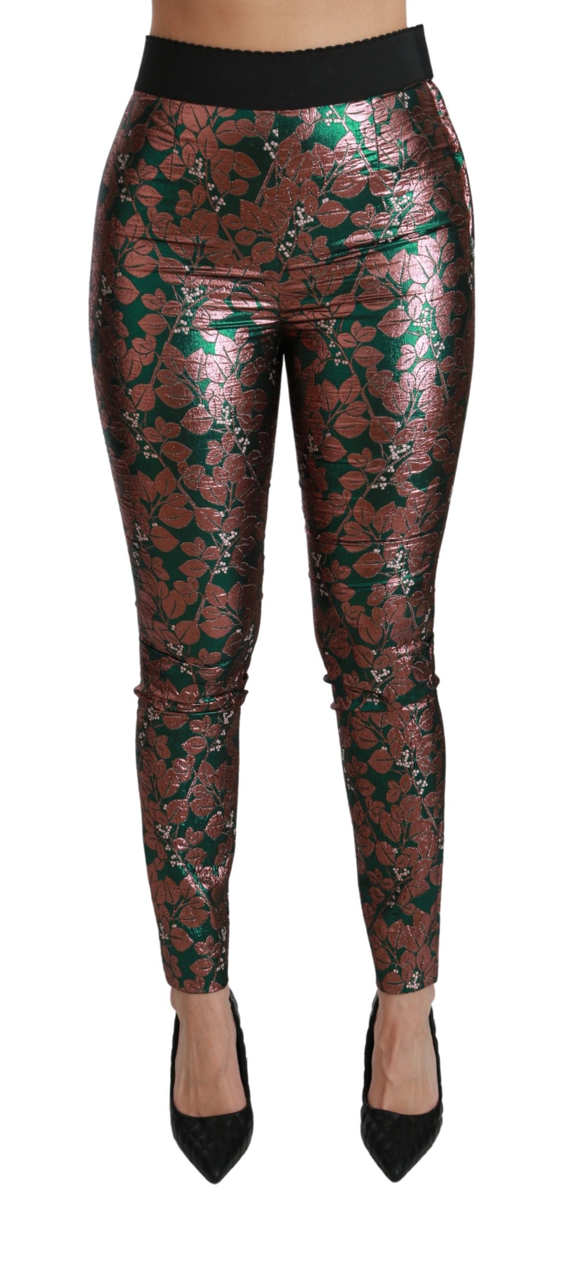 Collants verts et bronze Dolce & Gabbana avec motif de feuilles, pantalon skinny en tissu léger.