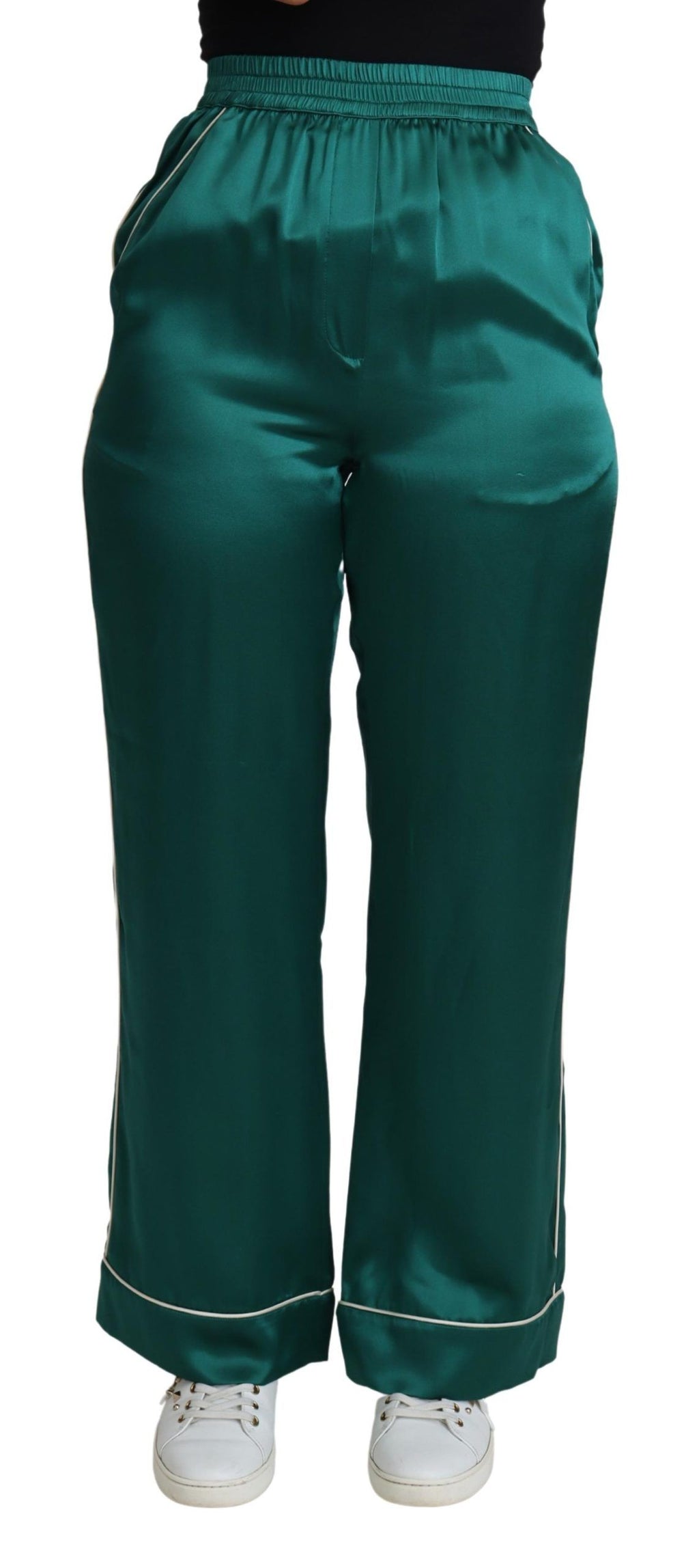 Pantalon de pyjama vert à taille haute en soie de Dolce & Gabbana, pantalon élégant et confortable pour femme.