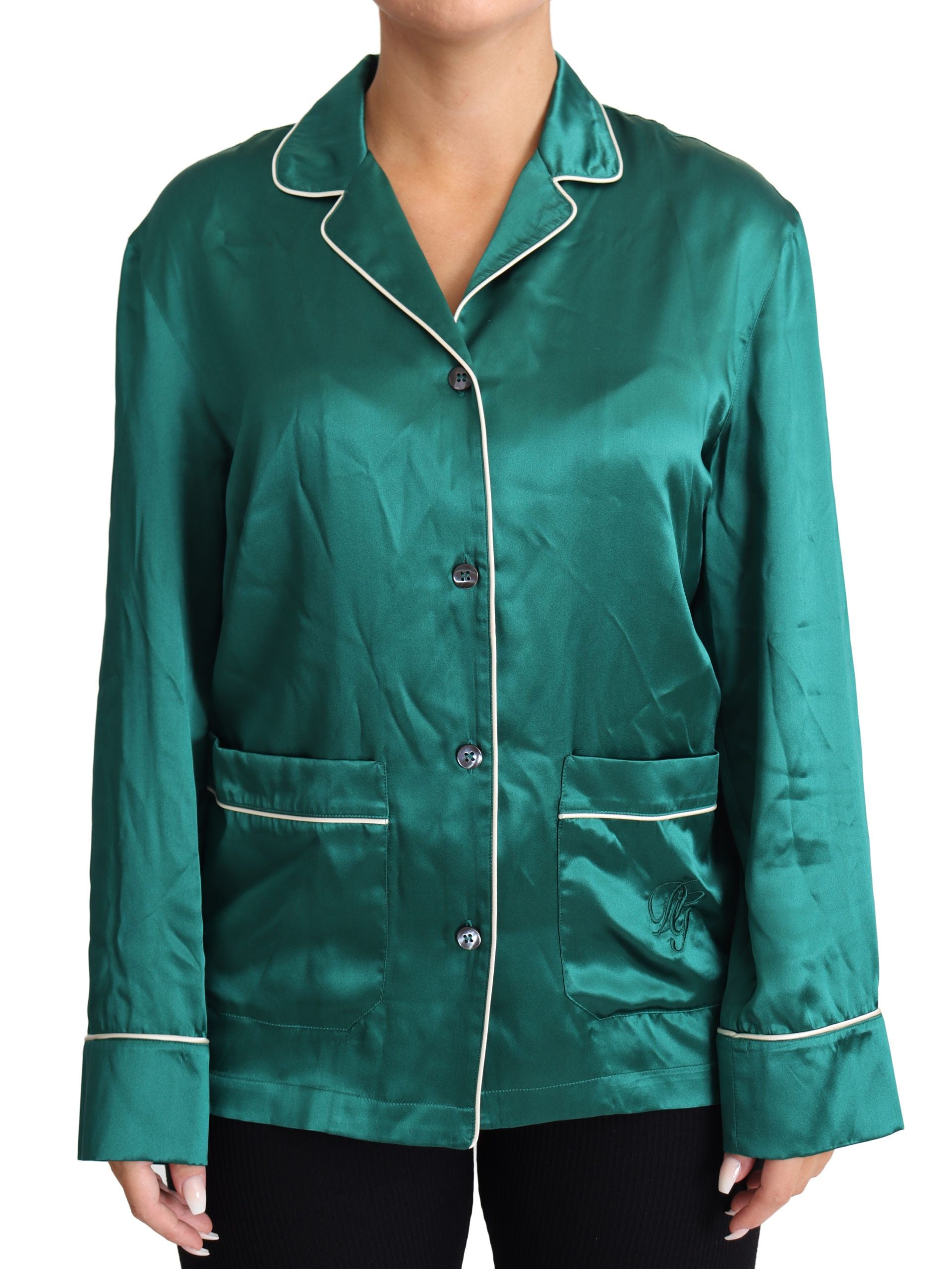Chemise de pyjama en soie vert Dolce & Gabbana, blouse de détente élégante pour le sommeil ou le lounge.