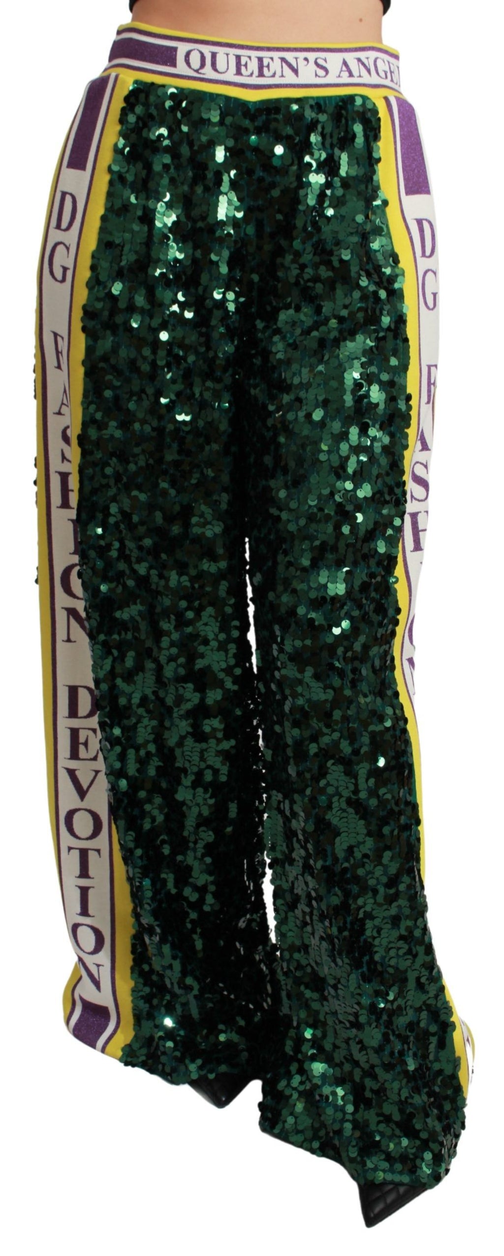 Pantalons vert écailles Dolce & Gabbana Queens Angel, style pantalon à sequins avec coupe élégante et détails brillants.