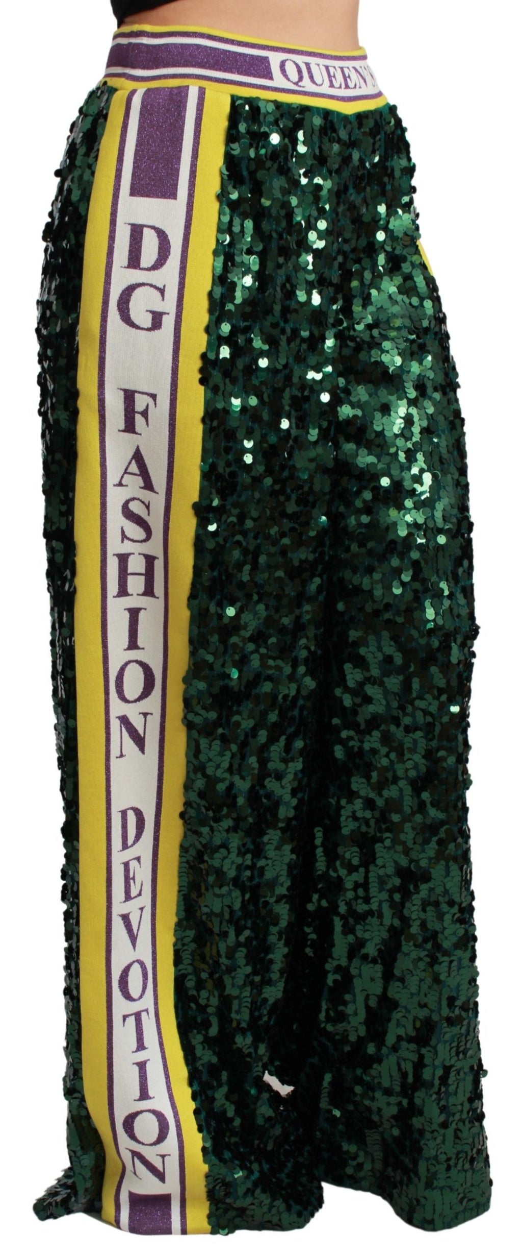 Pantalons verts en sequins Dolce & Gabbana Queens Angel, pantalon élégant avec finition brillante et coupe ajustée.