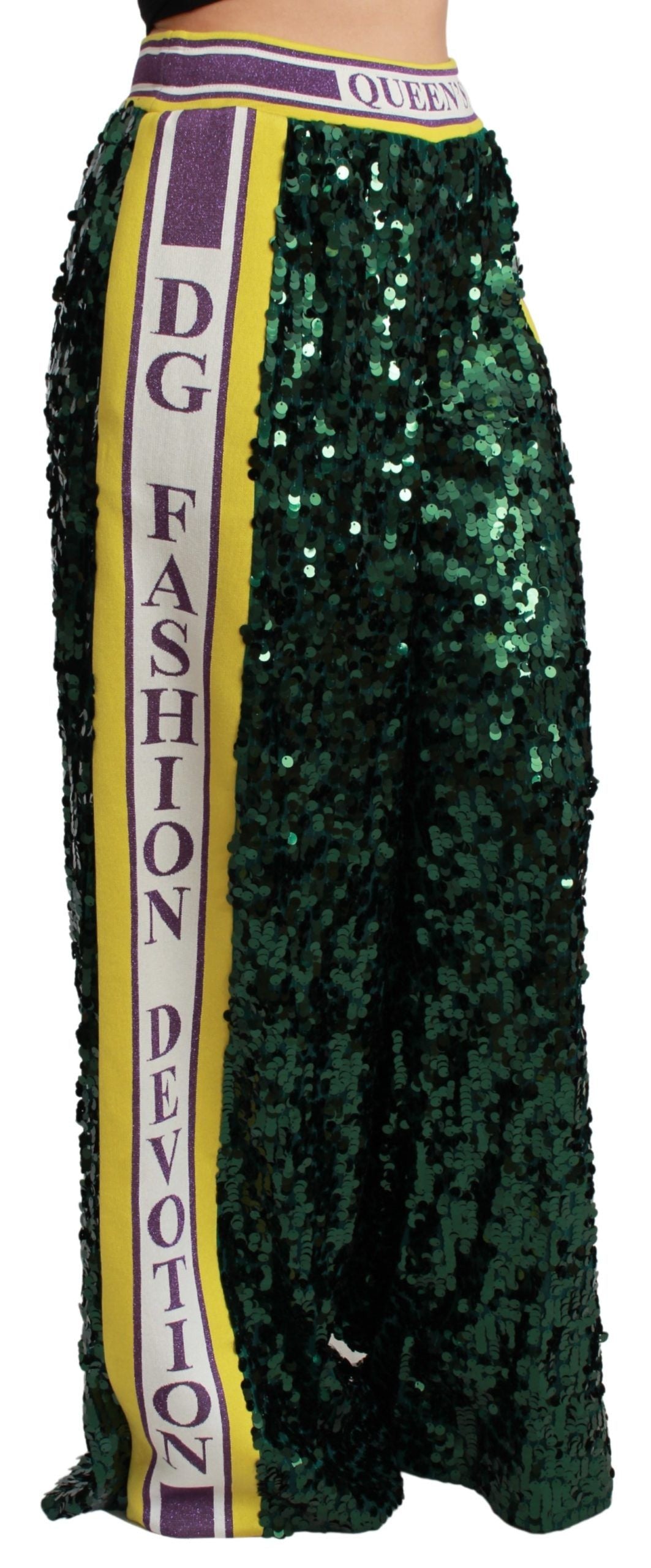 Pantalons verts en sequins Dolce & Gabbana Queens Angel, pantalon élégant avec finition brillante et coupe ajustée.