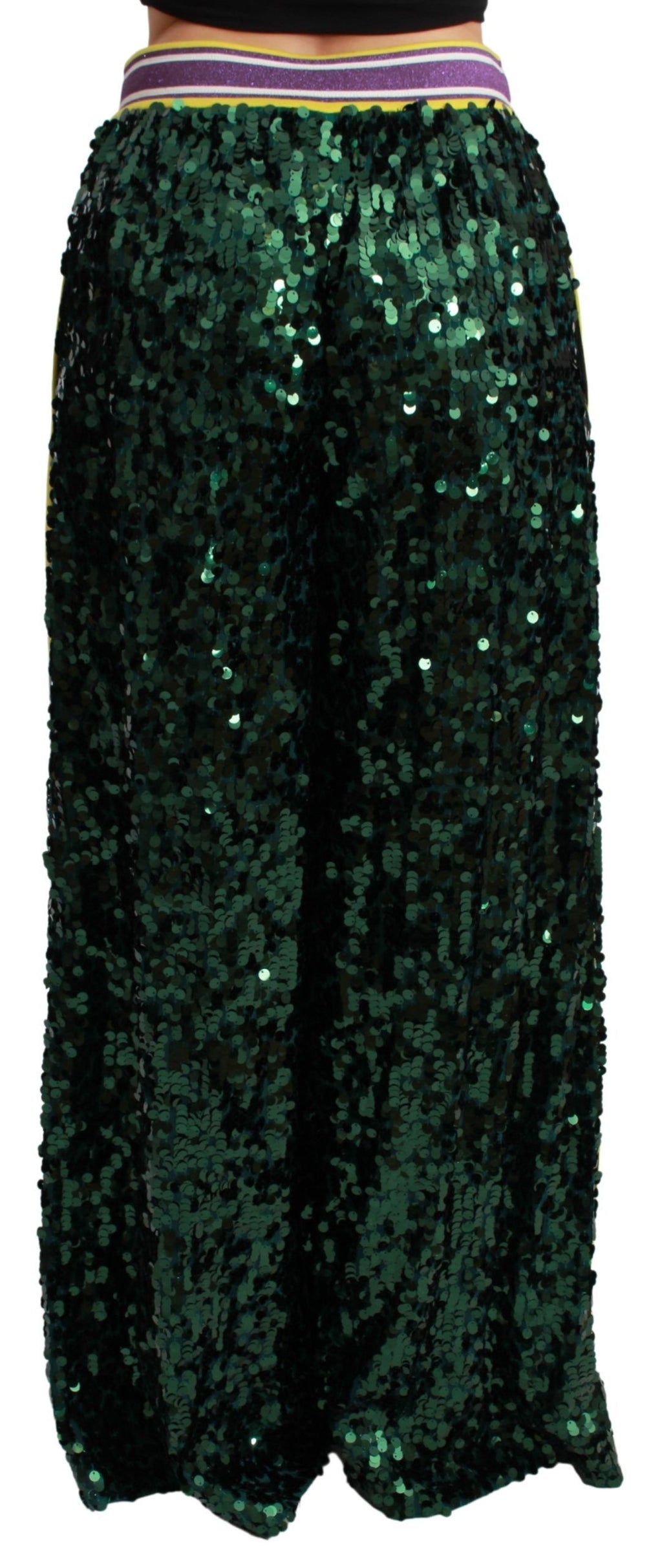 Pantalon vert à sequins Dolce & Gabbana Queens Angel, pantalon élégant en tissu brillant avec ceinture à la taille.