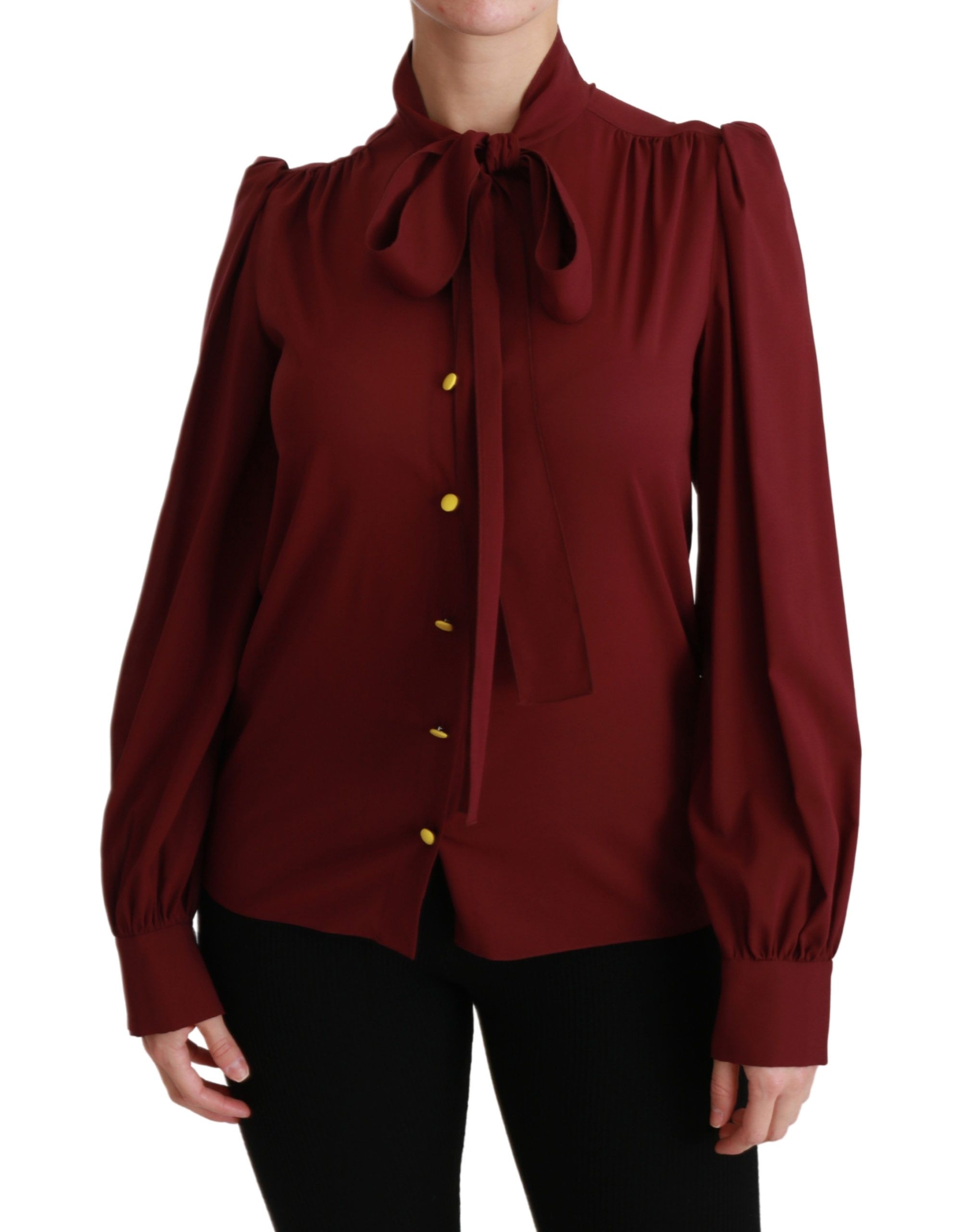 Chemise en soie rouge bordeaux Dolce & Gabbana à manches longues, blouse élégante et élégante, vue de face.