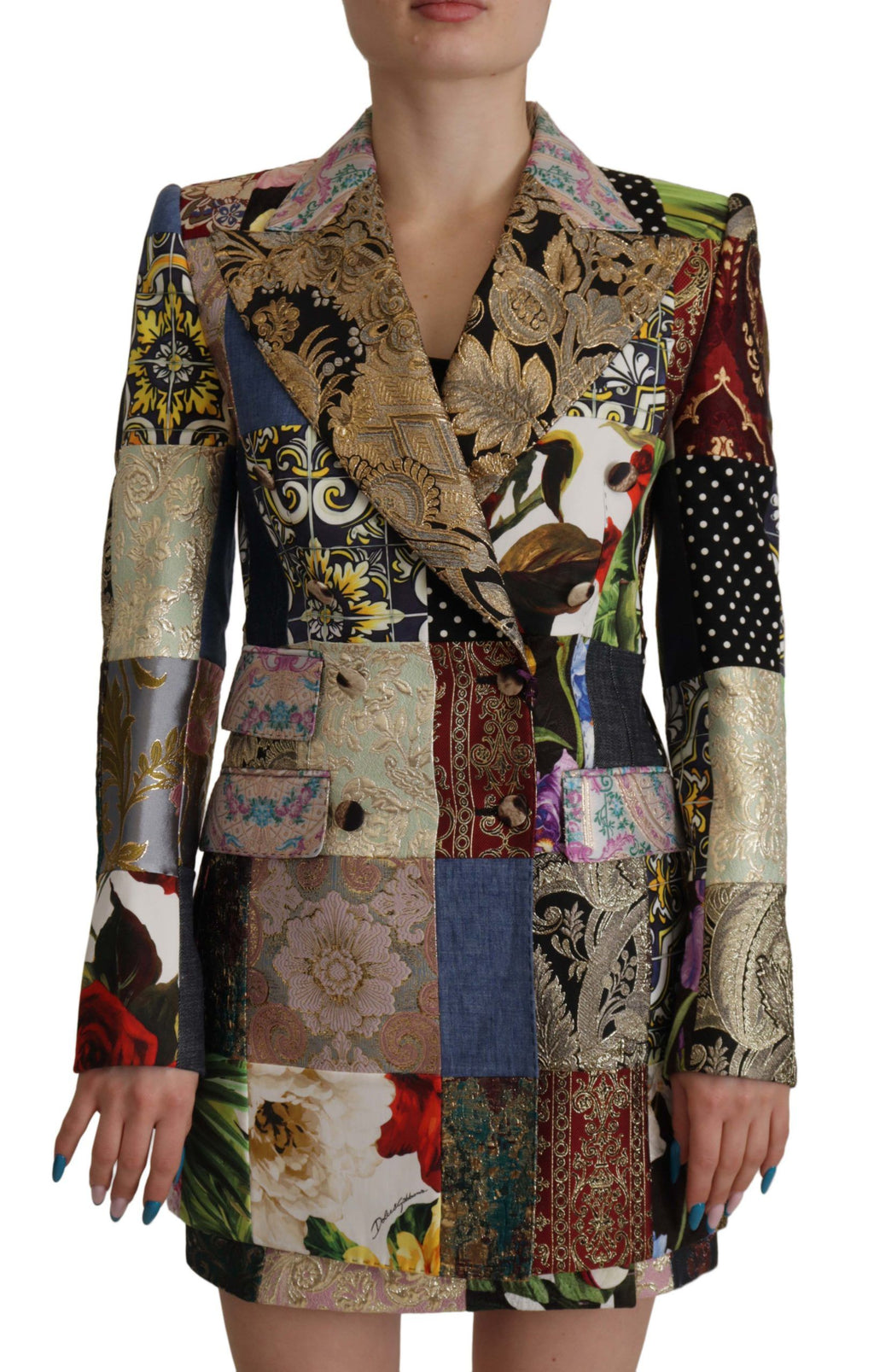 Veste blazer Dolce & Gabbana en jacquard multicolore à double boutonnage et patchwork, élégante et tendance.